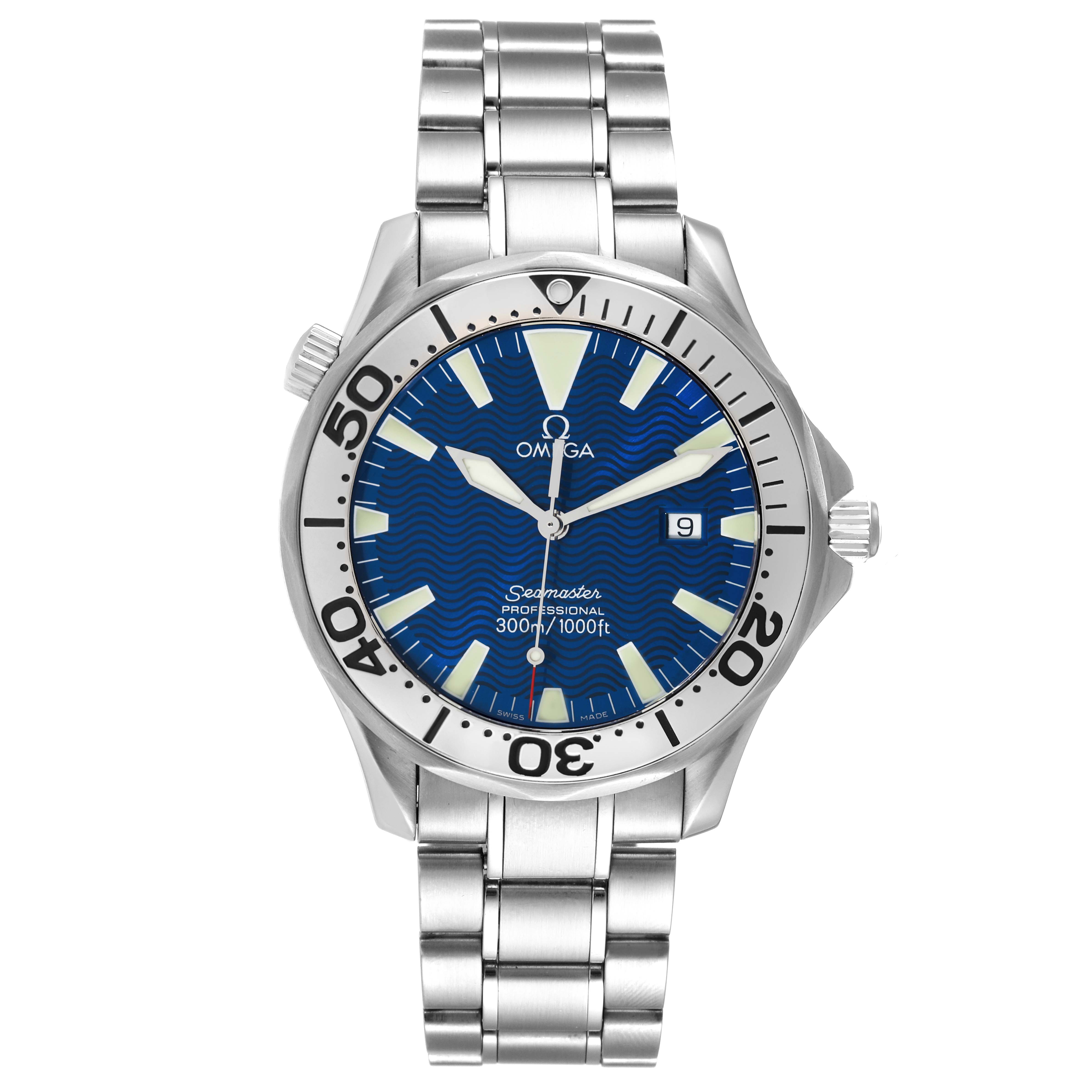 The Omega Seamaster 2265.80.00 Men's Stainless Steel Blue Dial 2265.80.00 Men's Stainless Steel Blue Dial watch is shown from a front angle, displaying its blue dial, stainless steel bracelet, and bezel markings.