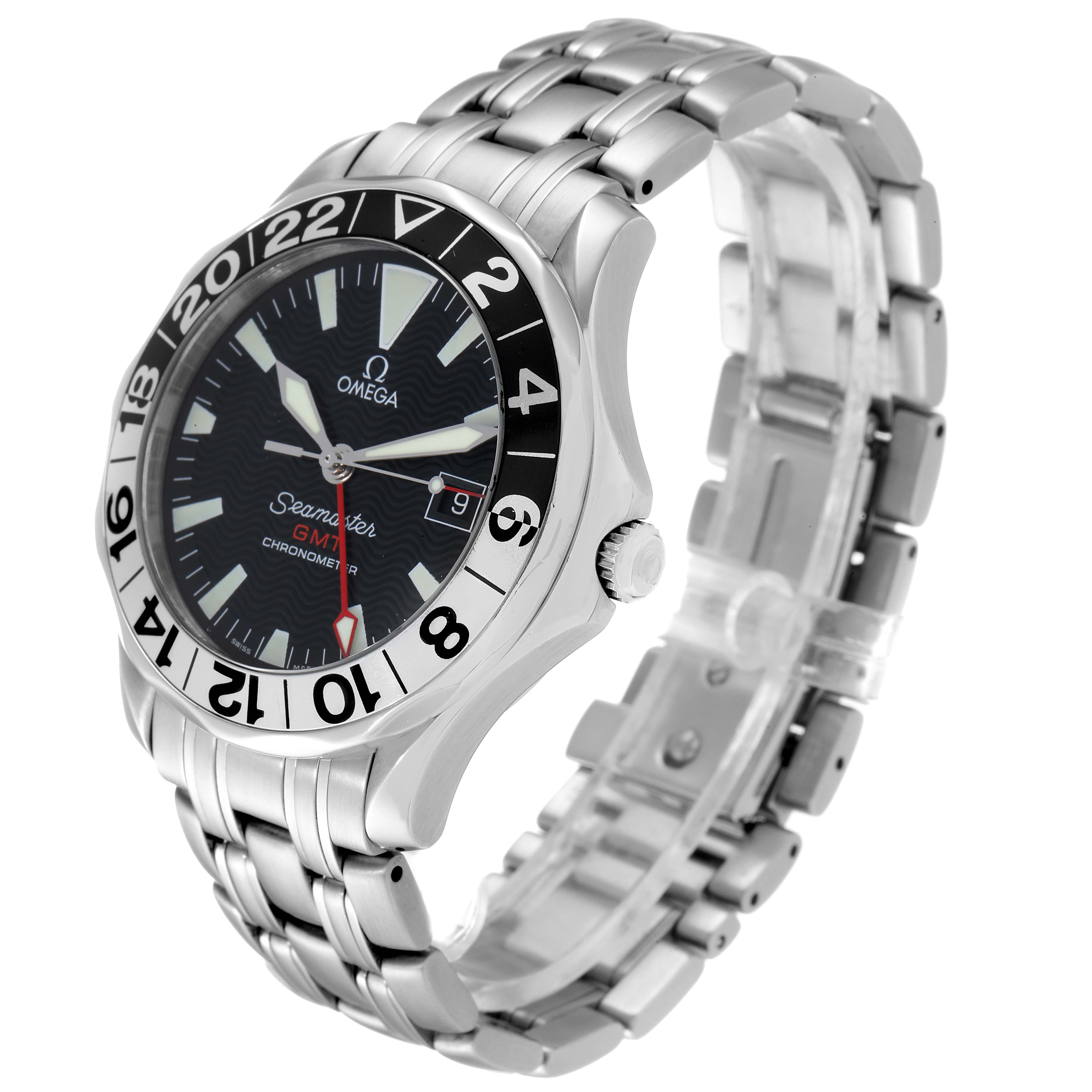 The Omega Seamaster 2534.50.00 Men's Stainless Steel Black Dial 2534.50.00 Men's Stainless Steel Black Dial watch is shown from an angled side view, highlighting the face, bezel, and part of the metal bracelet.