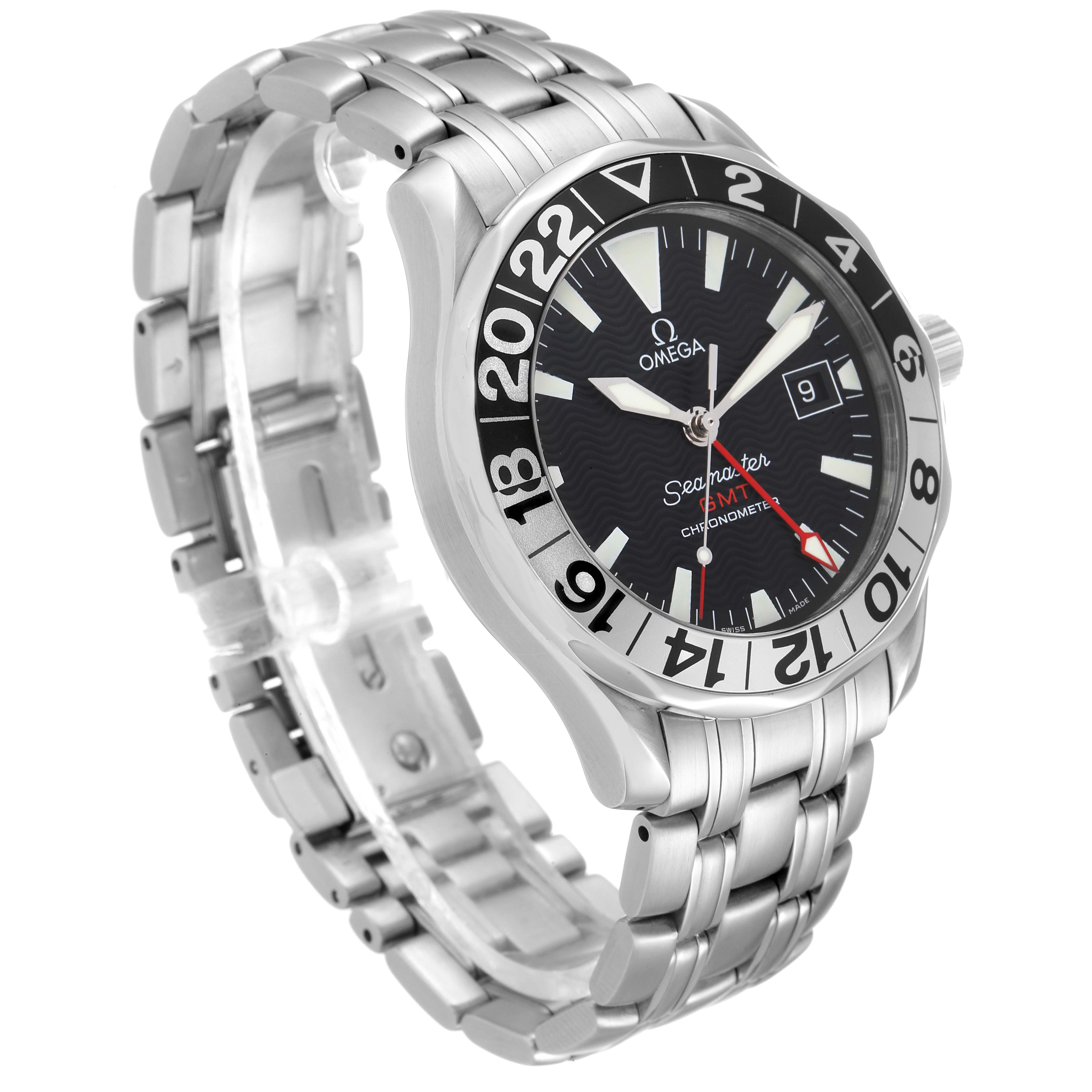 The Omega Seamaster 2534.50.00 Men's Stainless Steel Black Dial 2534.50.00 Men's Stainless Steel Black Dial watch is shown at an angled view, displaying the face, bezel, and stainless steel bracelet.