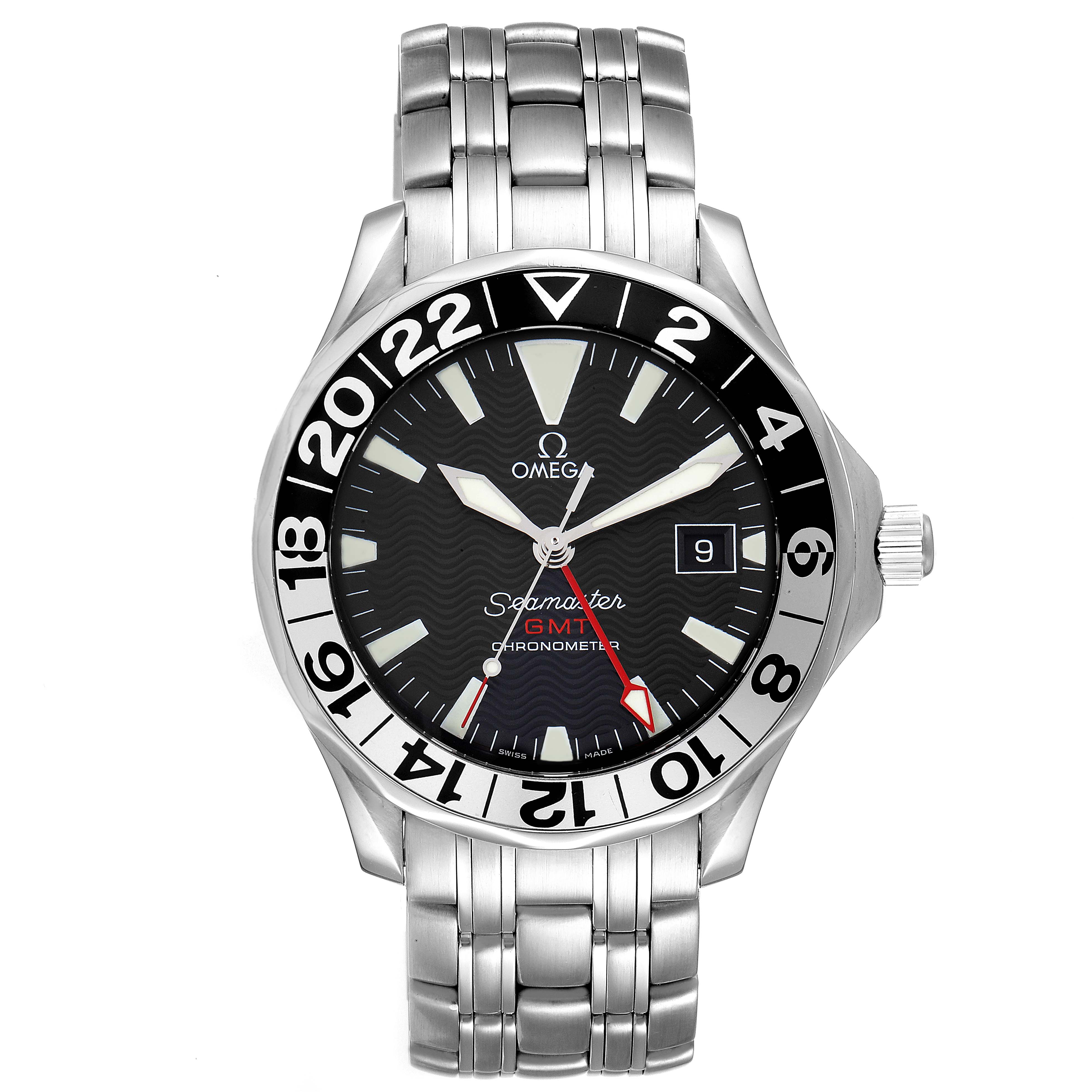 The image shows a frontal view of the Omega Seamaster 2534.50.00 Men's Stainless Steel Black Dial 2534.50.00 Men's Stainless Steel Black Dial GMT Chronometer watch, displaying the face, bezel, and metal bracelet.