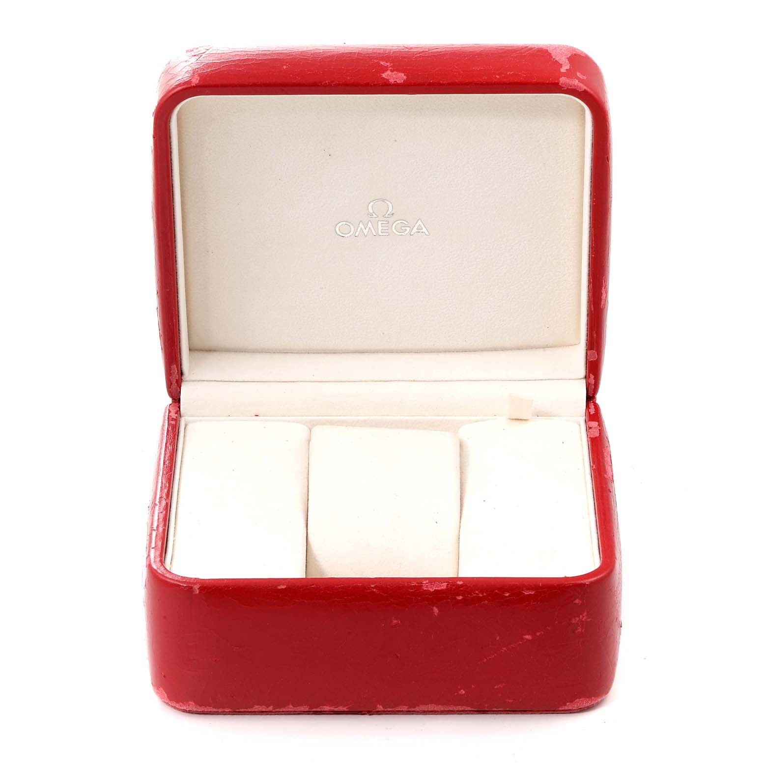 This image shows an empty red watch box used for Omega Seamaster 2534.50.00 Men's Stainless Steel Black Dial 2534.50.00 Men's Stainless Steel Black Dial models, viewed from the front.