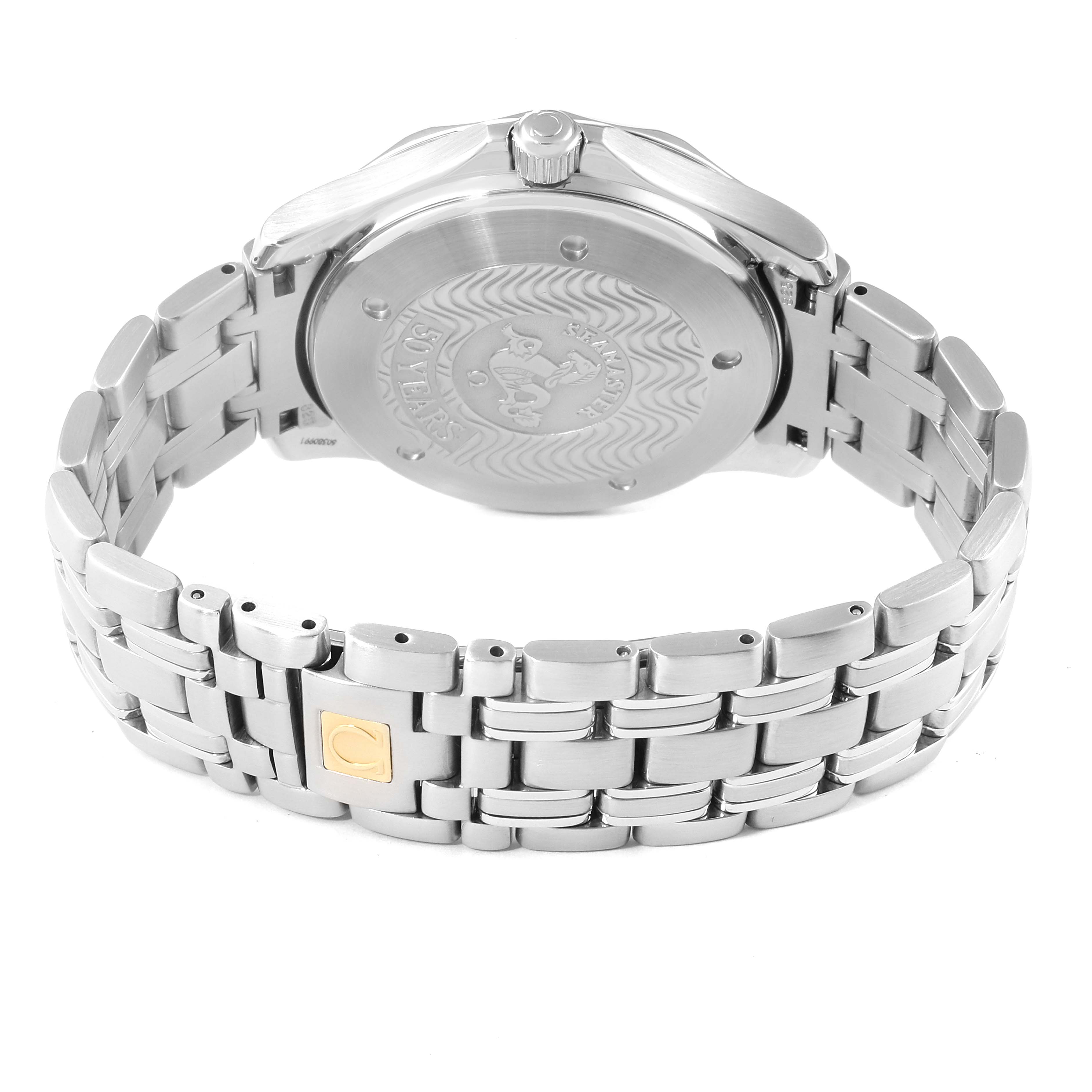 The image shows the back and bracelet of an Omega Seamaster 2534.50.00 Men's Stainless Steel Black Dial 2534.50.00 Men's Stainless Steel Black Dial watch, highlighting the case back and stainless steel band.