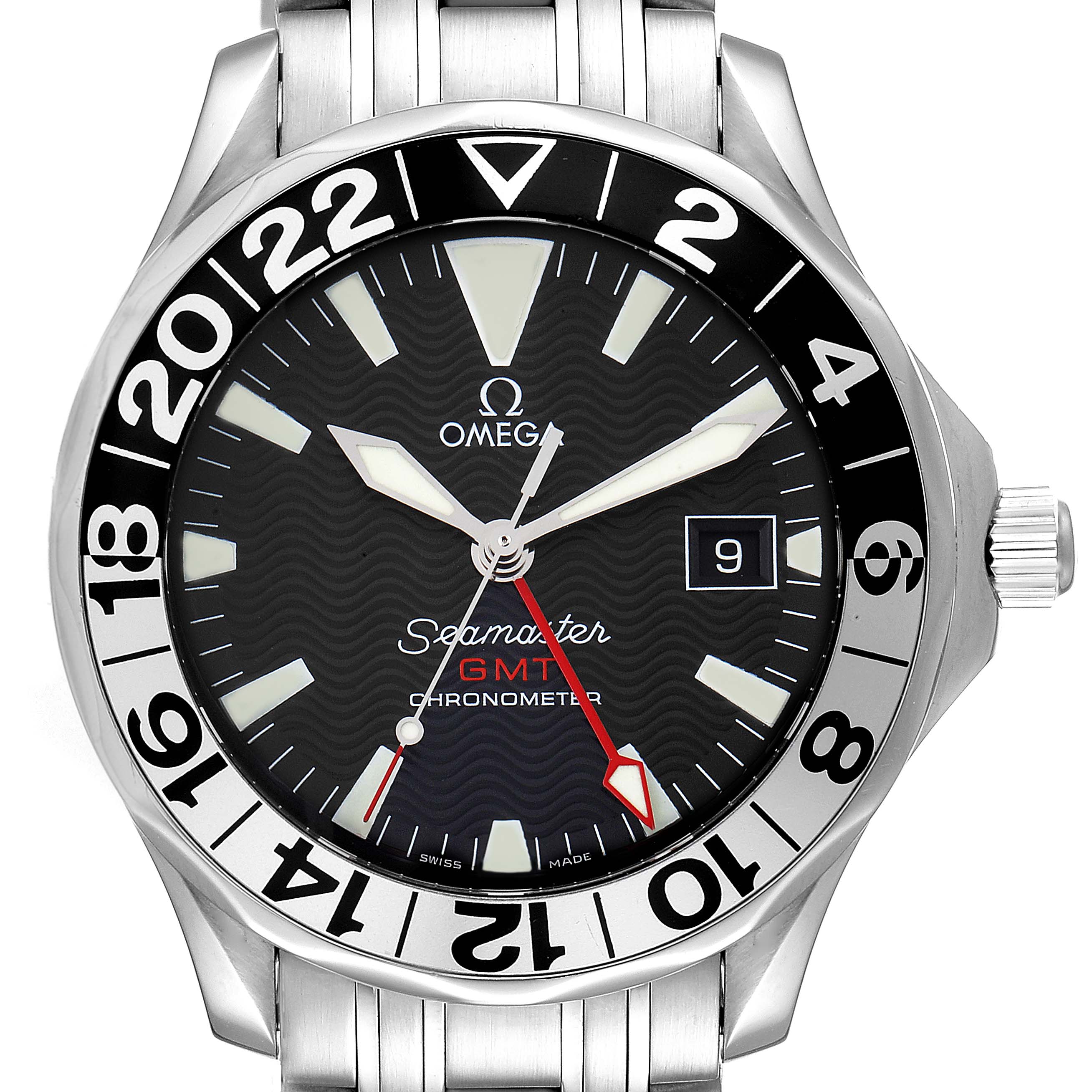 This is a close-up view of the Omega Seamaster 2534.50.00 Men's Stainless Steel Black Dial 2534.50.00 Men's Stainless Steel Black Dial GMT watch showing the dial, bezel, hands, date window, and part of the bracelet.
