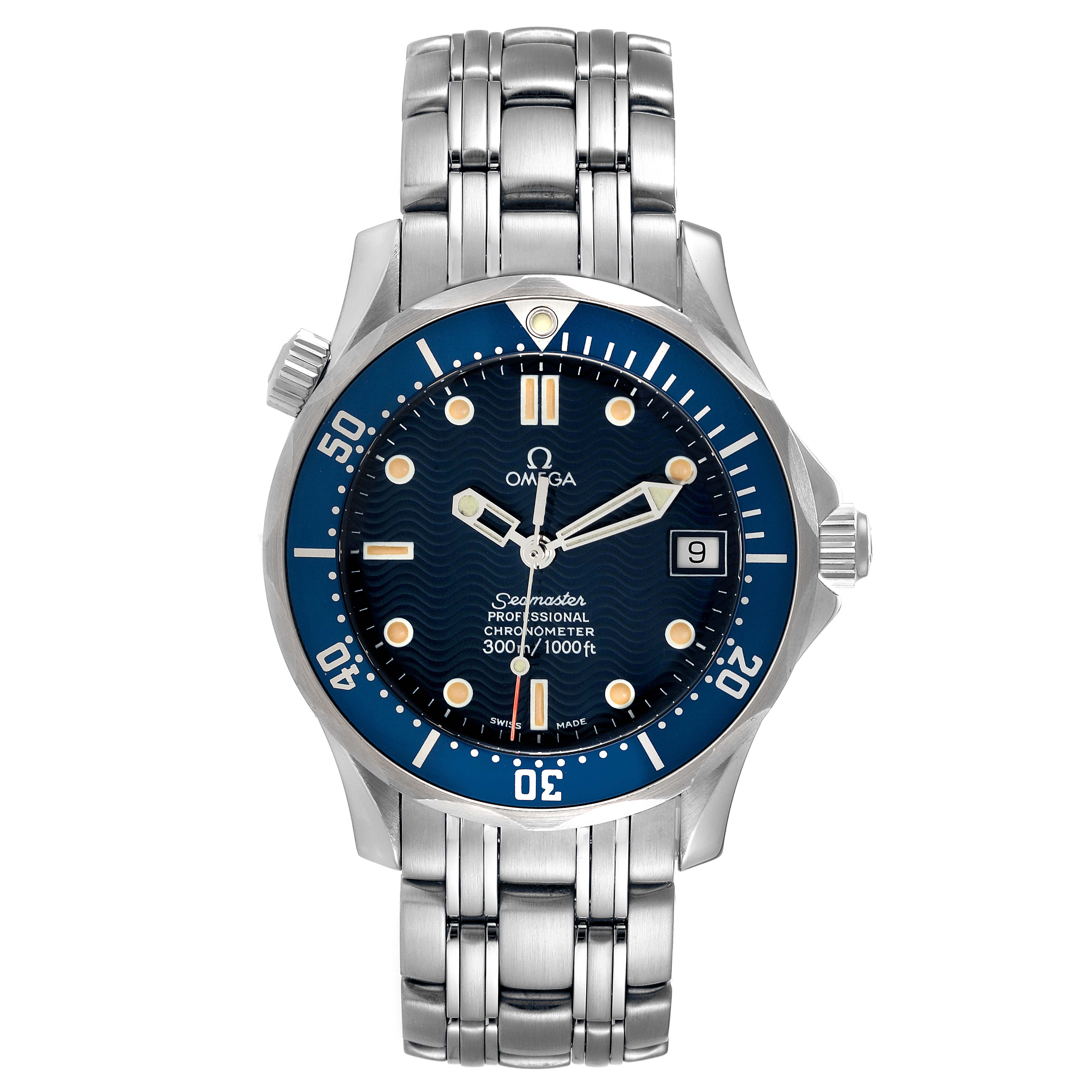 The image shows the front view of an Omega Seamaster 2551.80.00 Men's Stainless Steel Blue Dial 2551.80.00 Men's Stainless Steel Blue Dial watch with a blue dial and stainless steel bracelet.