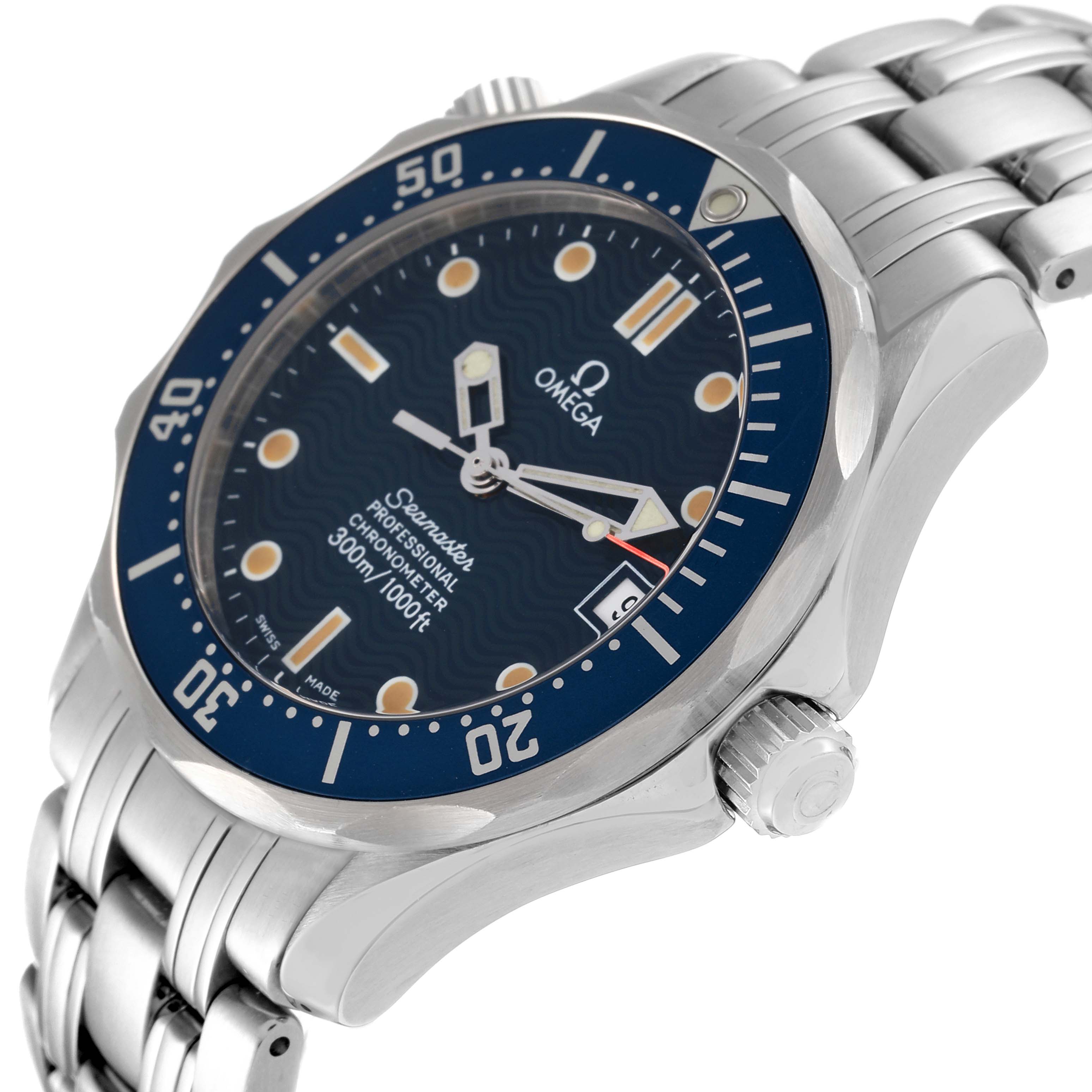 This image shows an angled view of the Omega Seamaster 2551.80.00 Men's Stainless Steel Blue Dial 2551.80.00 Men's Stainless Steel Blue Dial watch, highlighting its dial, bezel, bracelet, and crown.