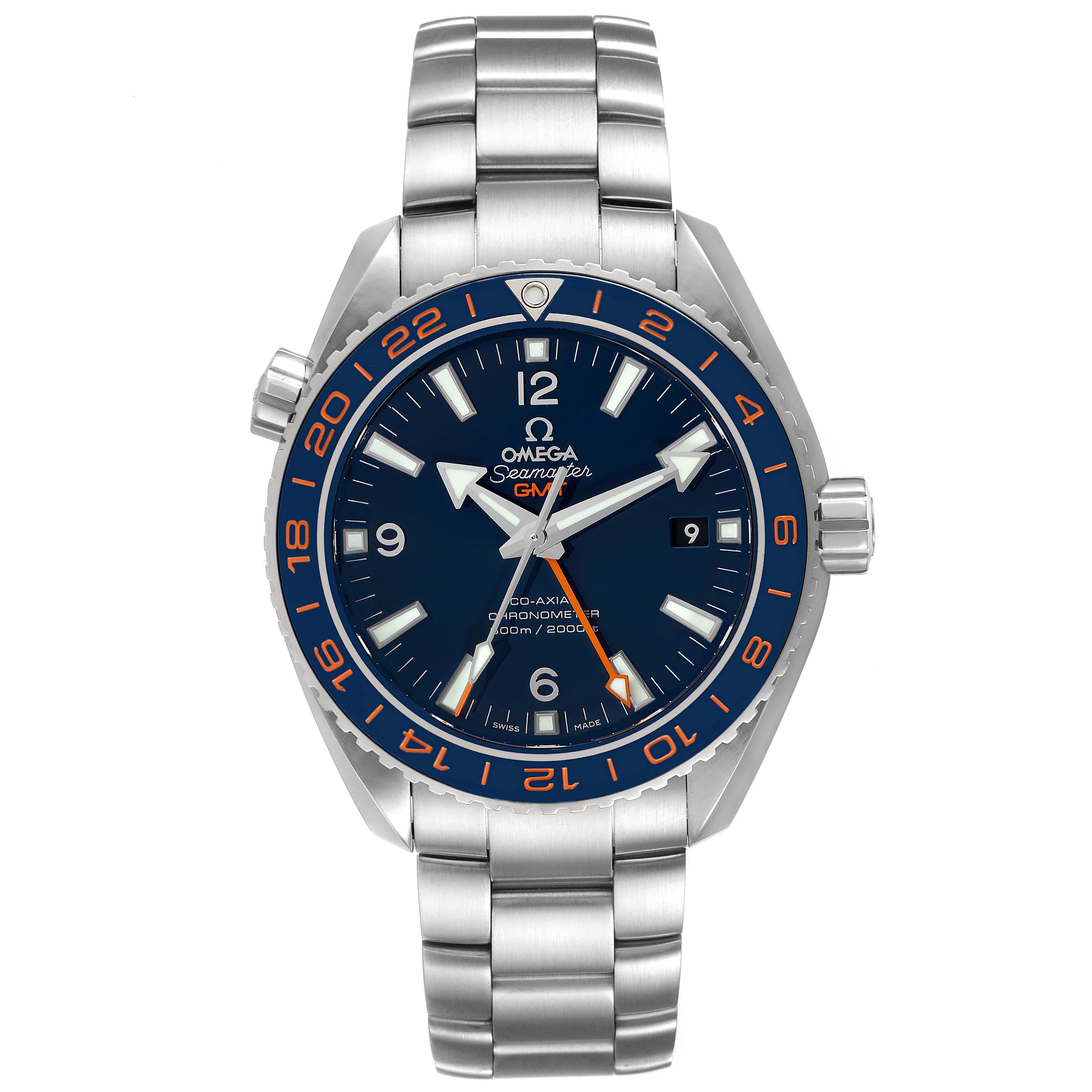 A front view of the Omega Planet Ocean 232.30.44.22.03.001 Men's Stainless Steel Blue Dial 232.30.44.22.03.001 Men's Stainless Steel Blue Dial model watch with a stainless steel bracelet and blue dial.