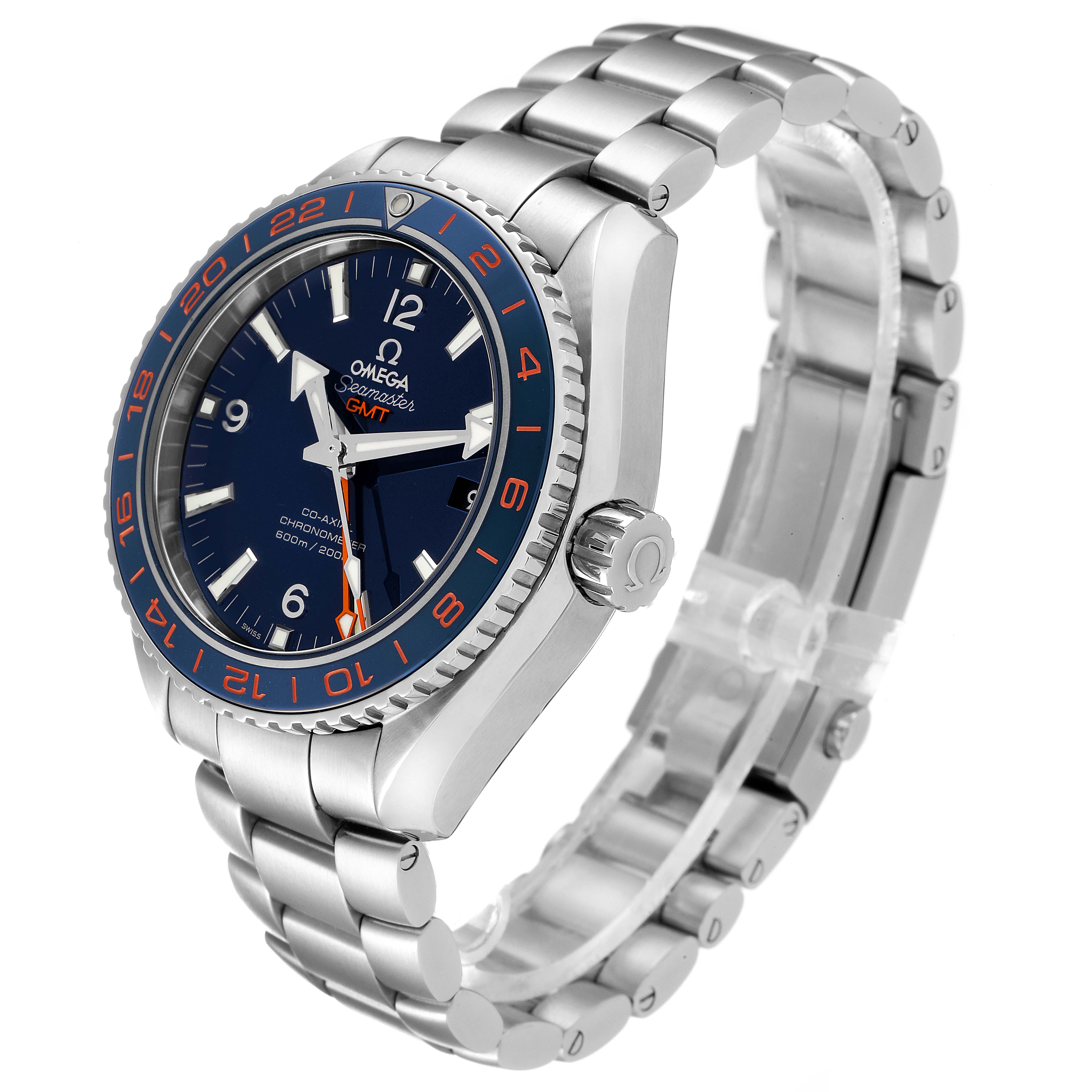 The Omega Planet Ocean 232.30.44.22.03.001 Men's Stainless Steel Blue Dial 232.30.44.22.03.001 Men's Stainless Steel Blue Dial watch is shown at a three-quarter angle, highlighting its face, bezel, crown, and stainless steel bracelet.