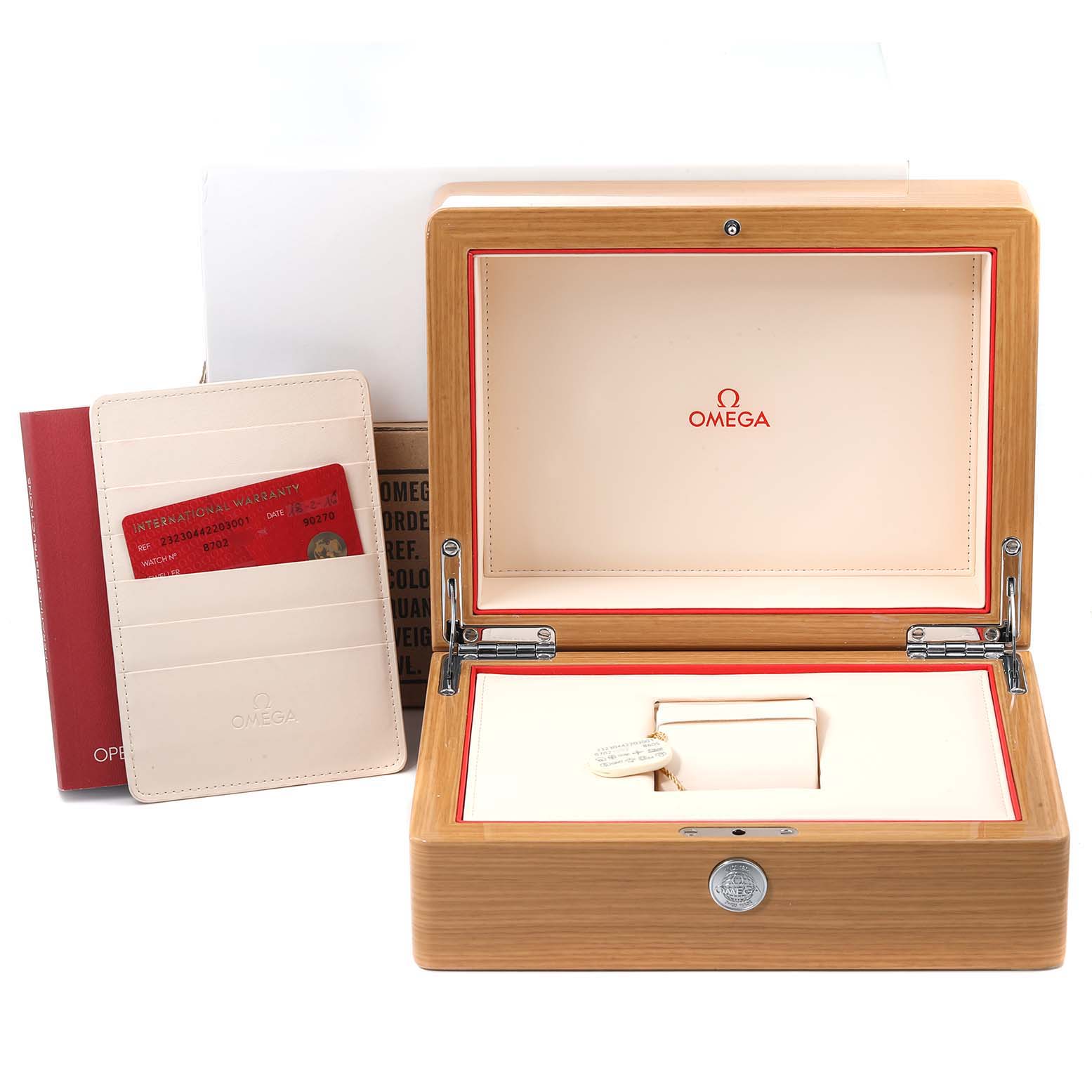 The image shows an open Omega Planet Ocean 232.30.44.22.03.001 Men's Stainless Steel Blue Dial 232.30.44.22.03.001 Men's Stainless Steel Blue Dial watch box with warranty cards and a manual.