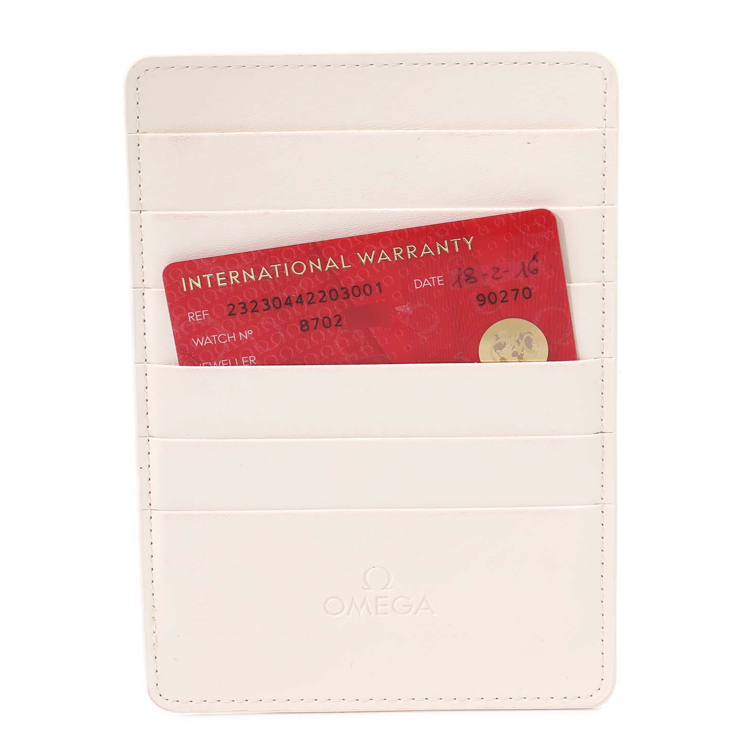 The image shows an Omega Planet Ocean 232.30.44.22.03.001 Men's Stainless Steel Blue Dial 232.30.44.22.03.001 Men's Stainless Steel Blue Dial international warranty card holder with a red warranty card partially inserted.