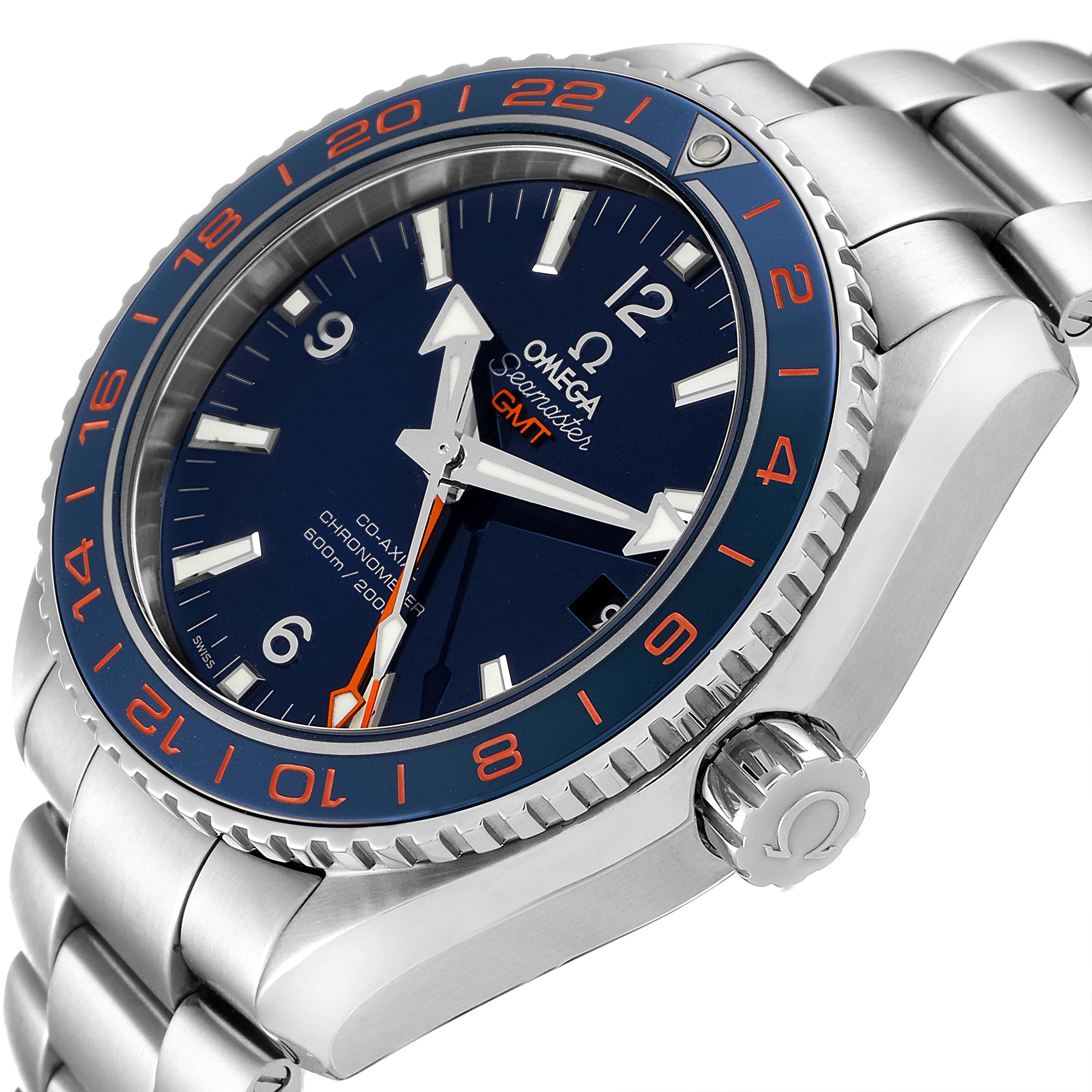 This image shows a side angle of the Omega Planet Ocean 232.30.44.22.03.001 Men's Stainless Steel Blue Dial 232.30.44.22.03.001 Men's Stainless Steel Blue Dial watch, highlighting the dial, bezel, crown, and part of the bracelet.