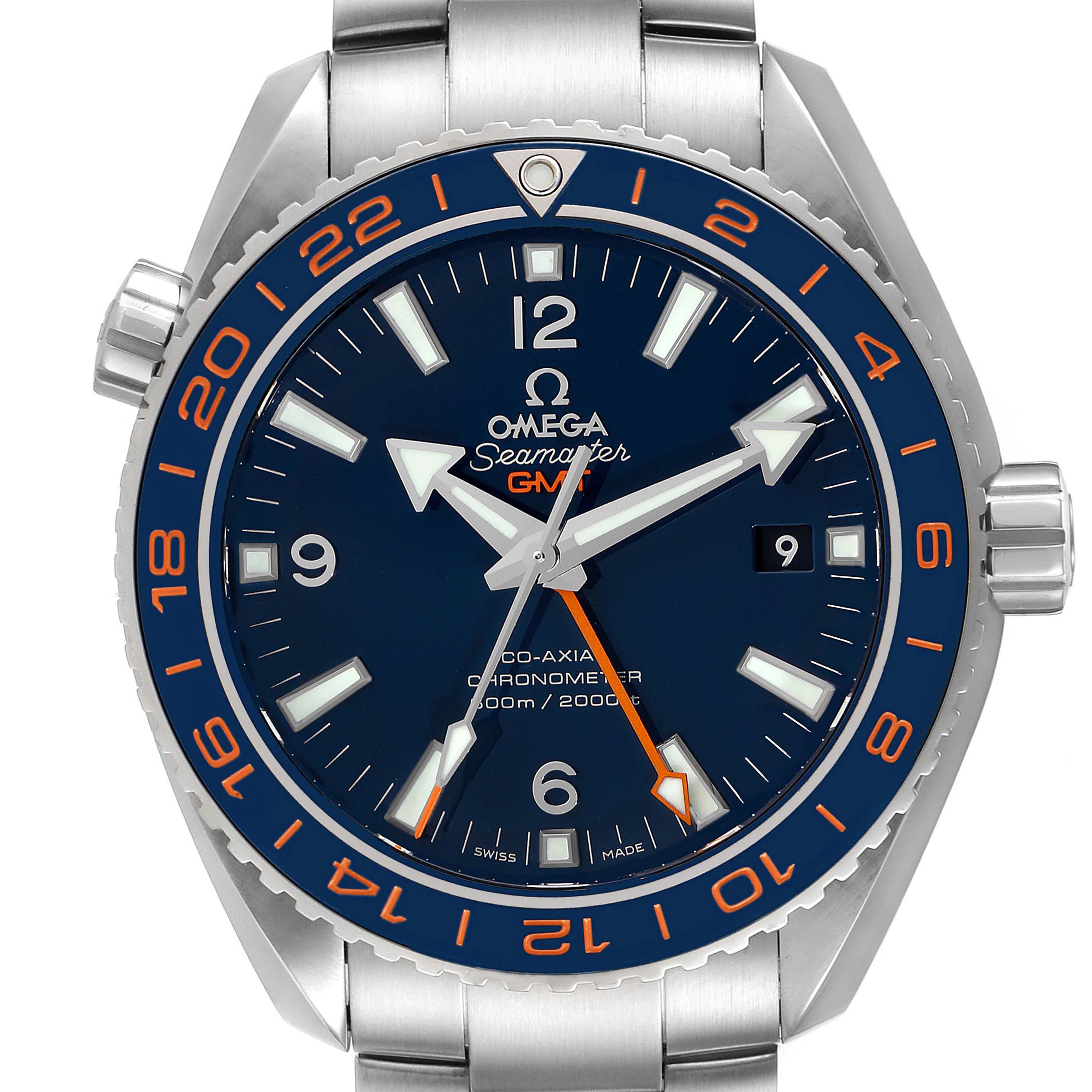 The image shows a front view of the Omega Planet Ocean 232.30.44.22.03.001 Men's Stainless Steel Blue Dial 232.30.44.22.03.001 Men's Stainless Steel Blue Dial Seamaster GMT watch, highlighting its dial, bezel, and bracelet.