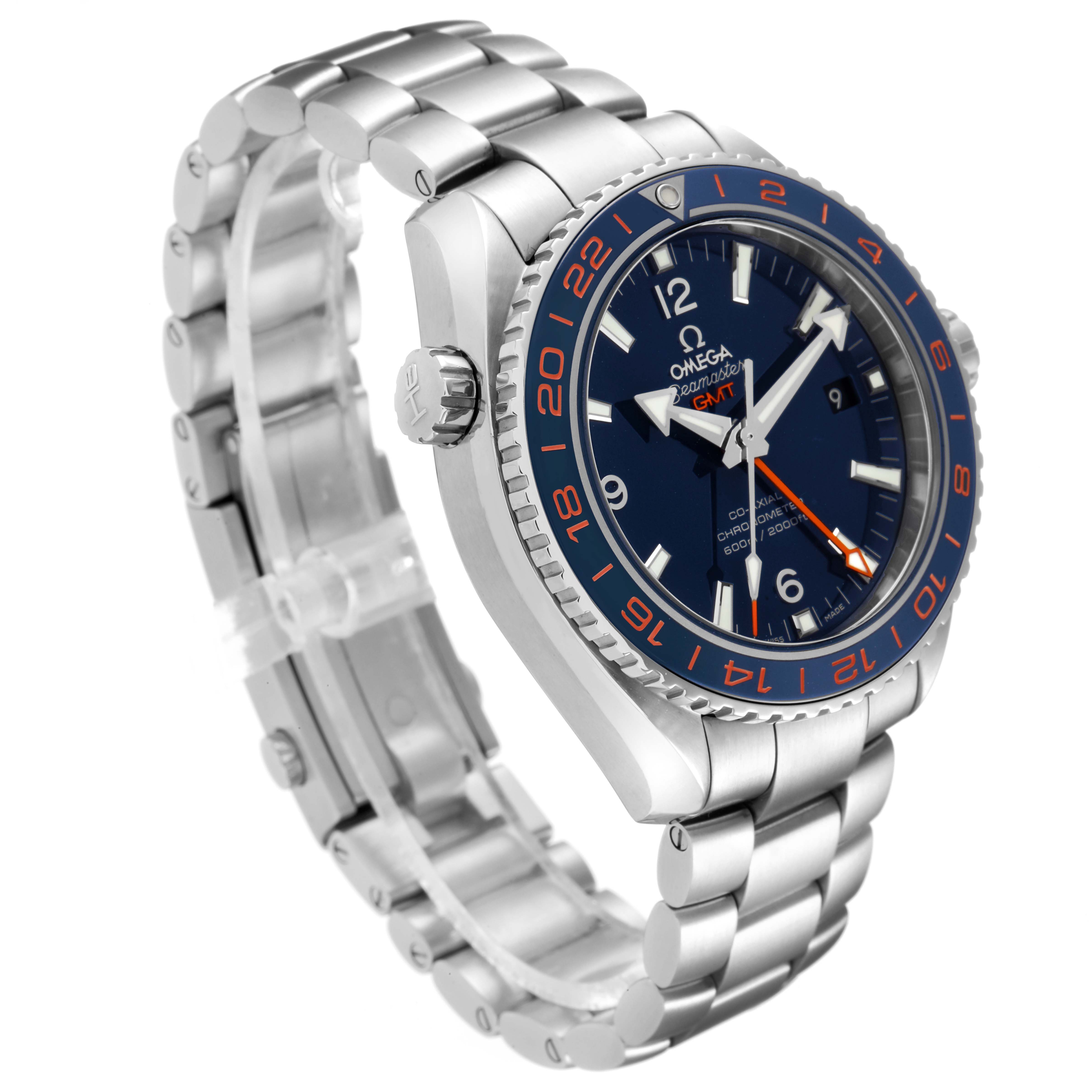 This image shows a side-angle view of an Omega Planet Ocean 232.30.44.22.03.001 Men's Stainless Steel Blue Dial 232.30.44.22.03.001 Men's Stainless Steel Blue Dial watch, featuring its dial, bezel, crown, and bracelet.