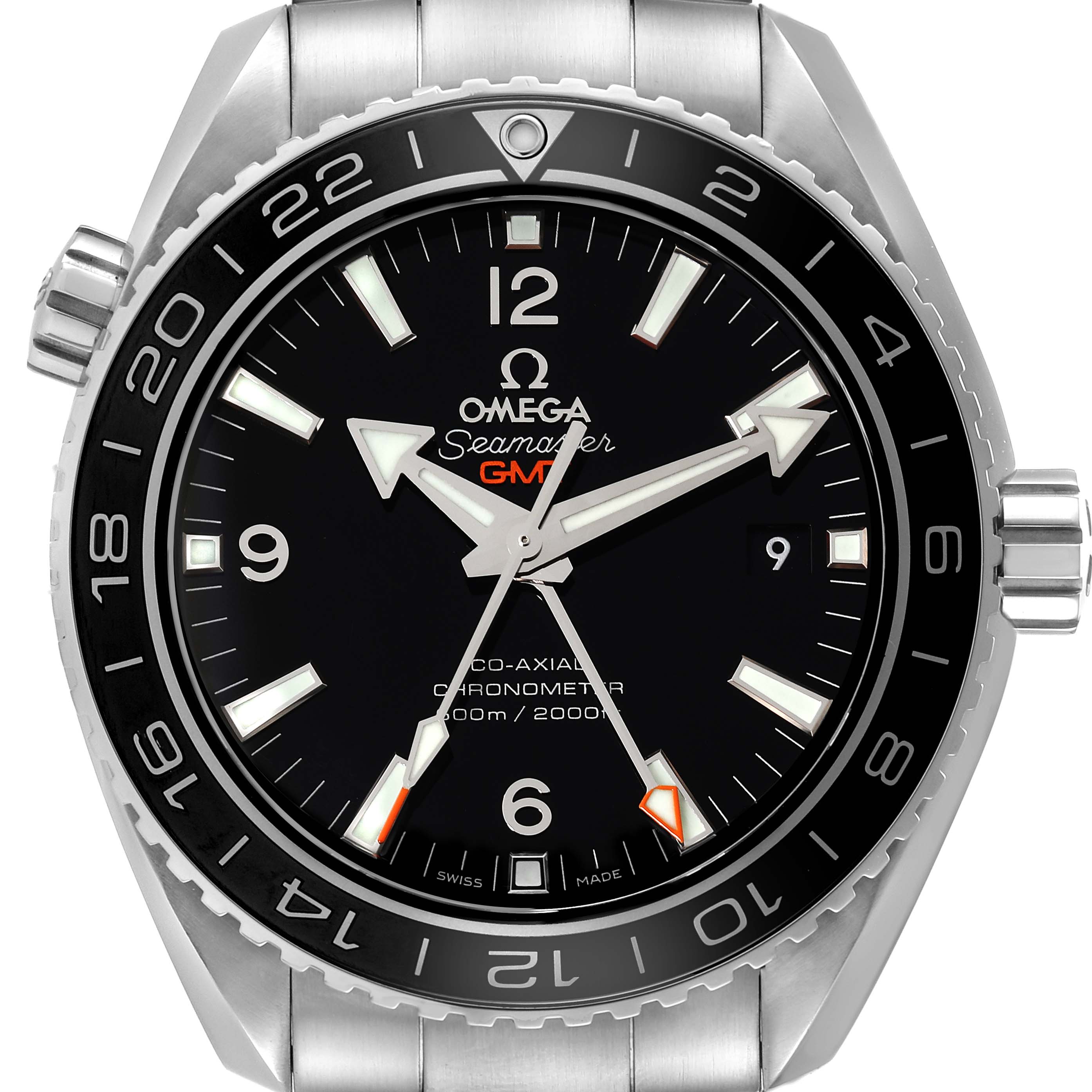 The Omega Planet Ocean 232.30.44.22.01.001 Men
s Stainless Steel Black Dial 232.30.44.22.01.001 Men
s Stainless Steel Black Dial GMT watch is shown from a front angle, displaying its dial, bezel, and partially visible bracelet.
