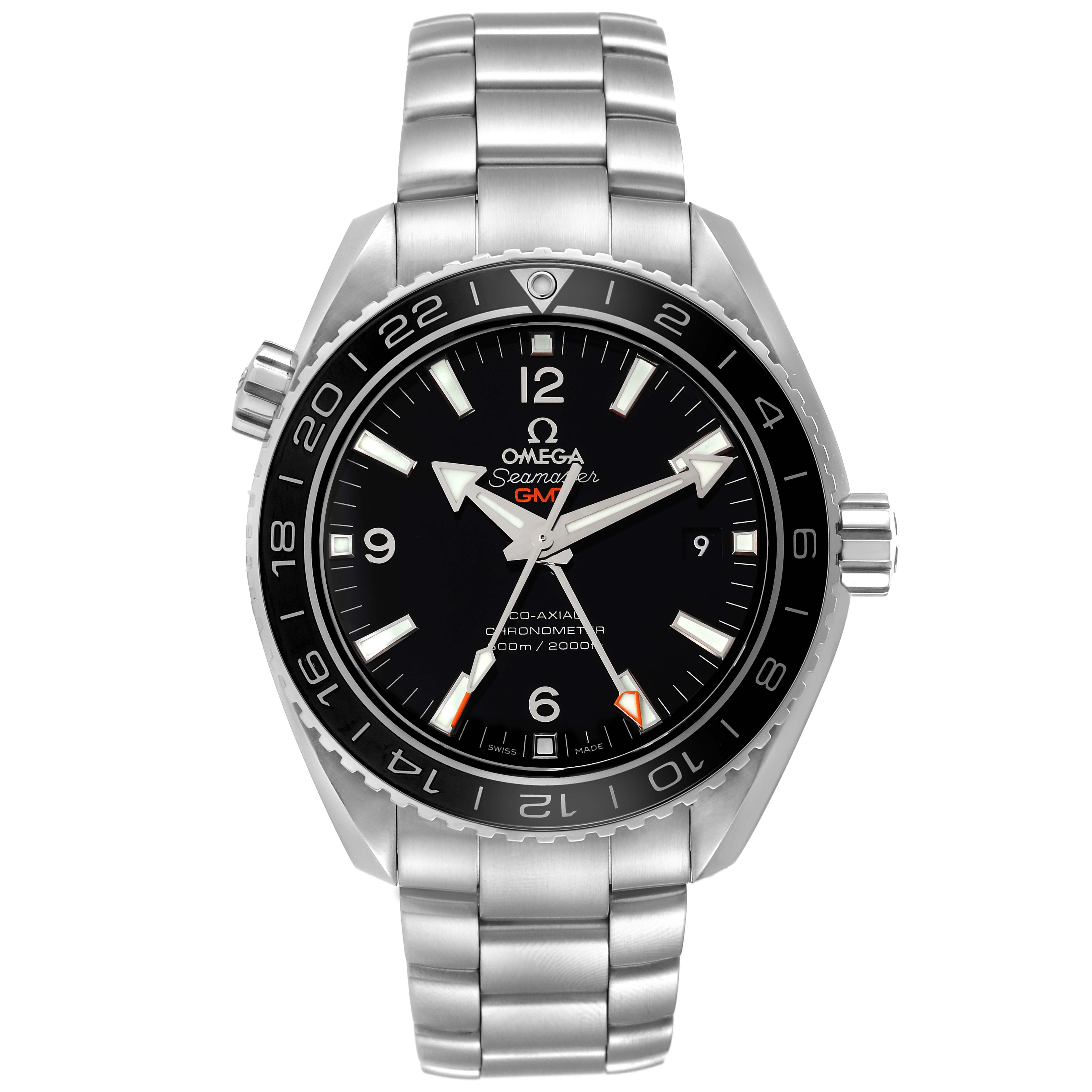 The Omega Planet Ocean 232.30.44.22.01.001 Men
s Stainless Steel Black Dial 232.30.44.22.01.001 Men
s Stainless Steel Black Dial model watch is shown from a front angle, highlighting its dial, bezel, and bracelet.