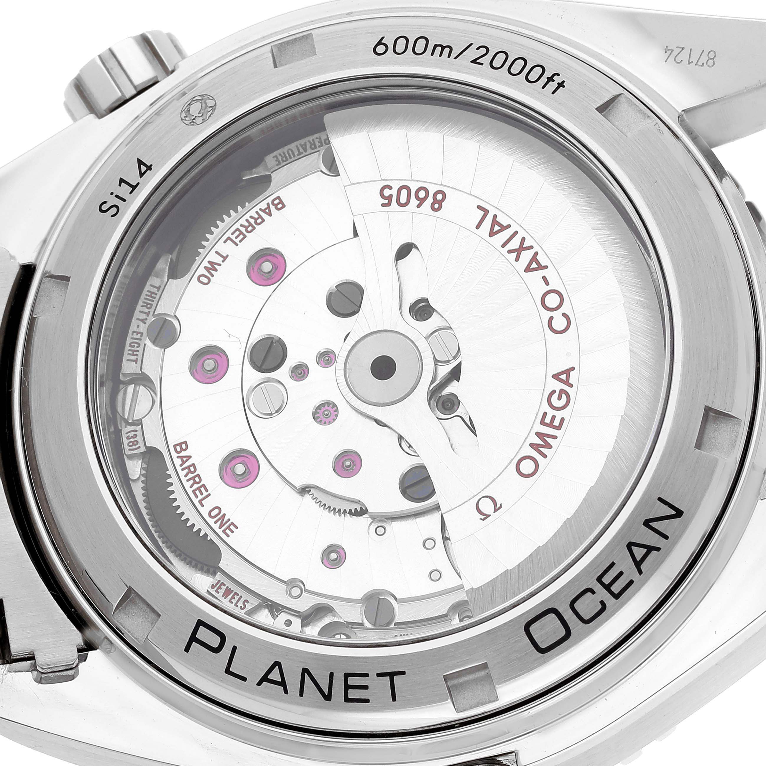 This image shows the back view of the Omega Planet Ocean 232.30.44.22.01.001 Men
s Stainless Steel Black Dial 232.30.44.22.01.001 Men
s Stainless Steel Black Dial watch, revealing its internal mechanical movement.