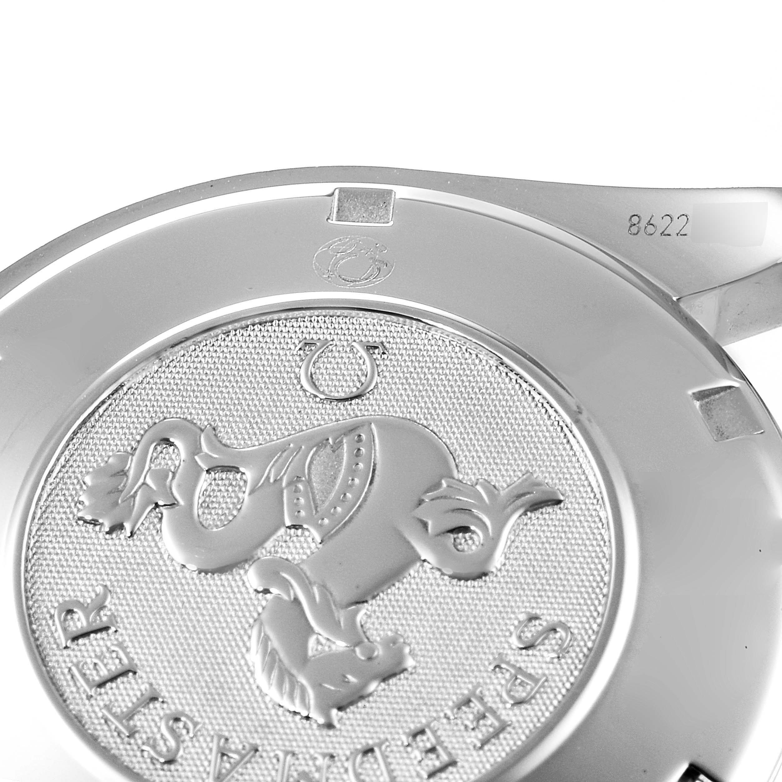 This image shows the engraved case back of an Omega Speedmaster 3210.50.00 Men
s Stainless Steel Black Dial 3210.50.00 Men
s Stainless Steel Black Dial watch.