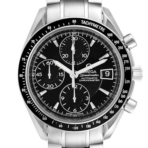 This image shows a front view of an Omega Speedmaster watch, highlighting the dial, sub-dials, and tachymeter bezel.