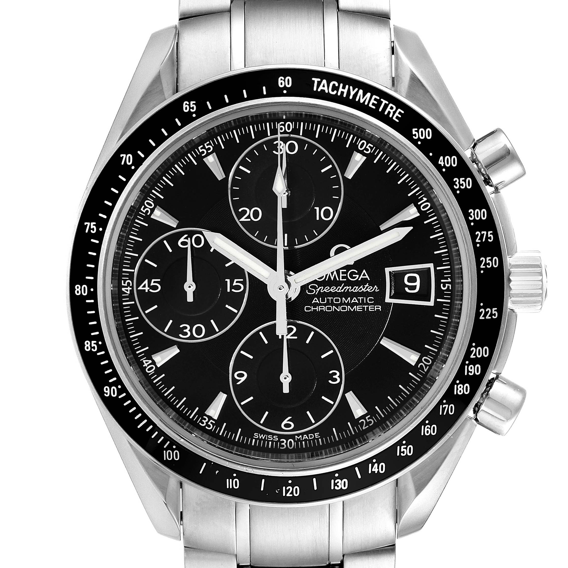 The Omega Speedmaster 3210.50.00 Men
s Stainless Steel Black Dial 3210.50.00 Men
s Stainless Steel Black Dial watch is shown from the front, displaying its black dial, three subdials, and stainless steel bracelet.