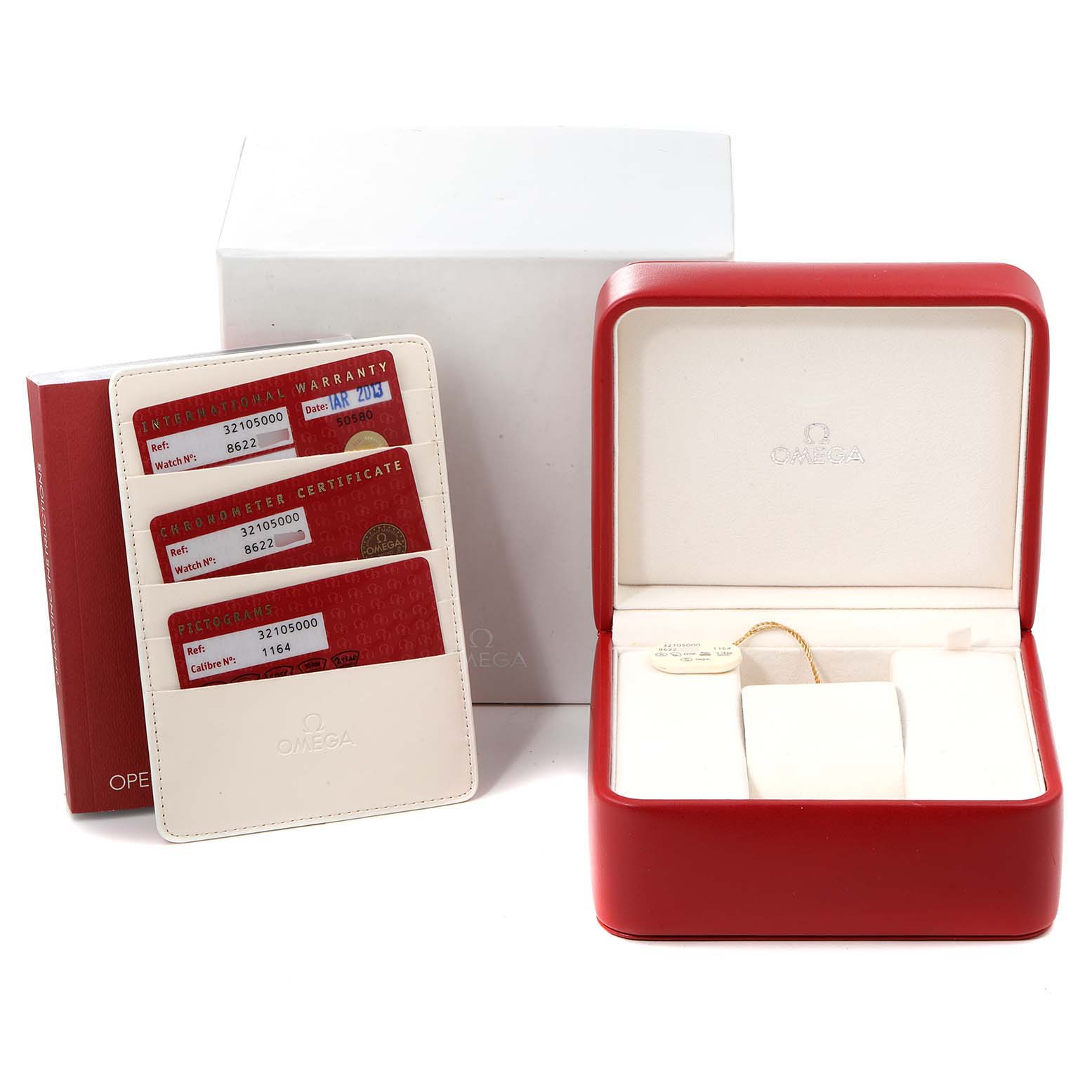 The image shows the Omega Speedmaster 3210.50.00 Men
s Stainless Steel Black Dial 3210.50.00 Men
s Stainless Steel Black Dial watch box, warranty cards, certificates, and operating instructions.