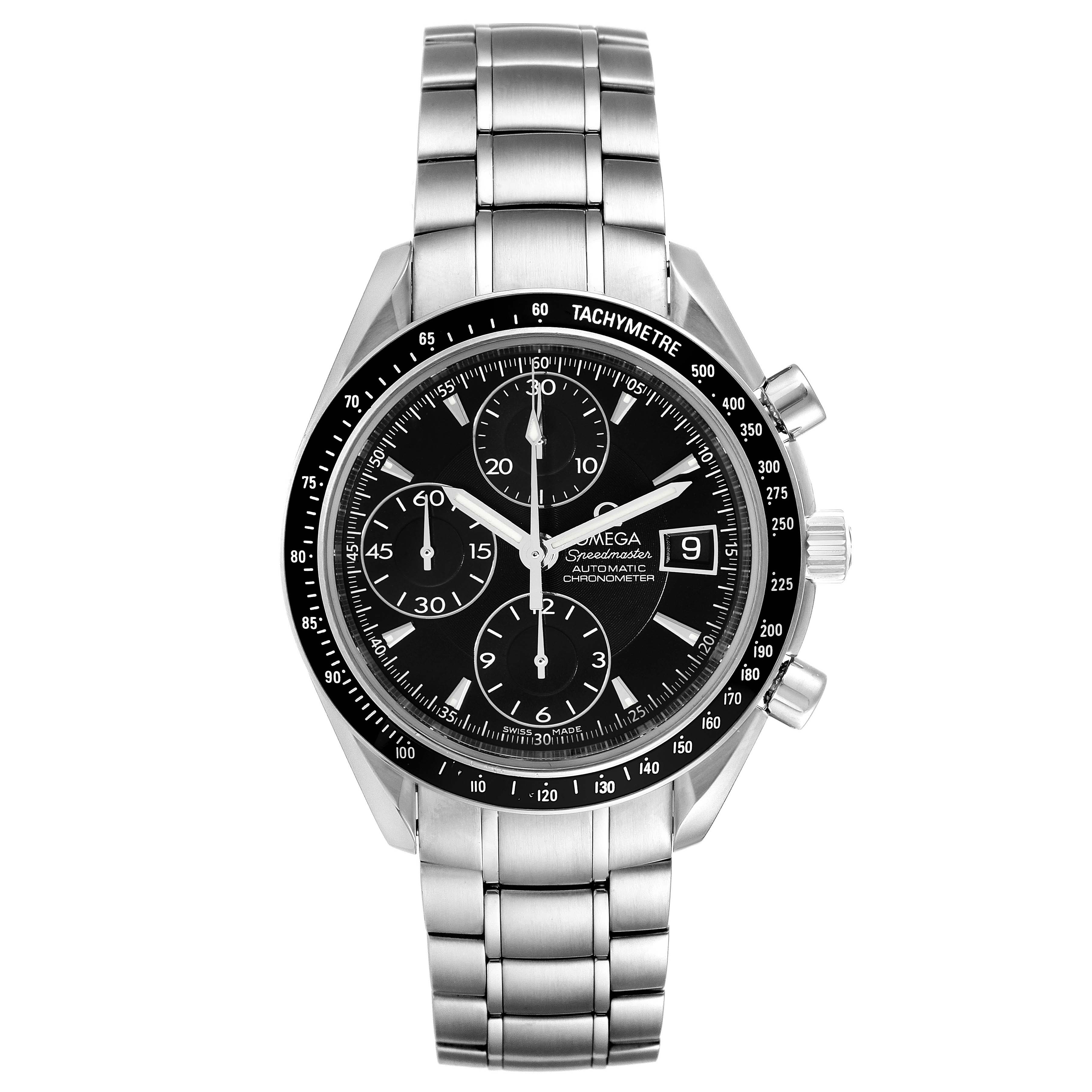 This image shows a front view of an Omega Speedmaster 3210.50.00 Men
s Stainless Steel Black Dial 3210.50.00 Men
s Stainless Steel Black Dial model, showcasing the watch face, bezel, and metal bracelet.