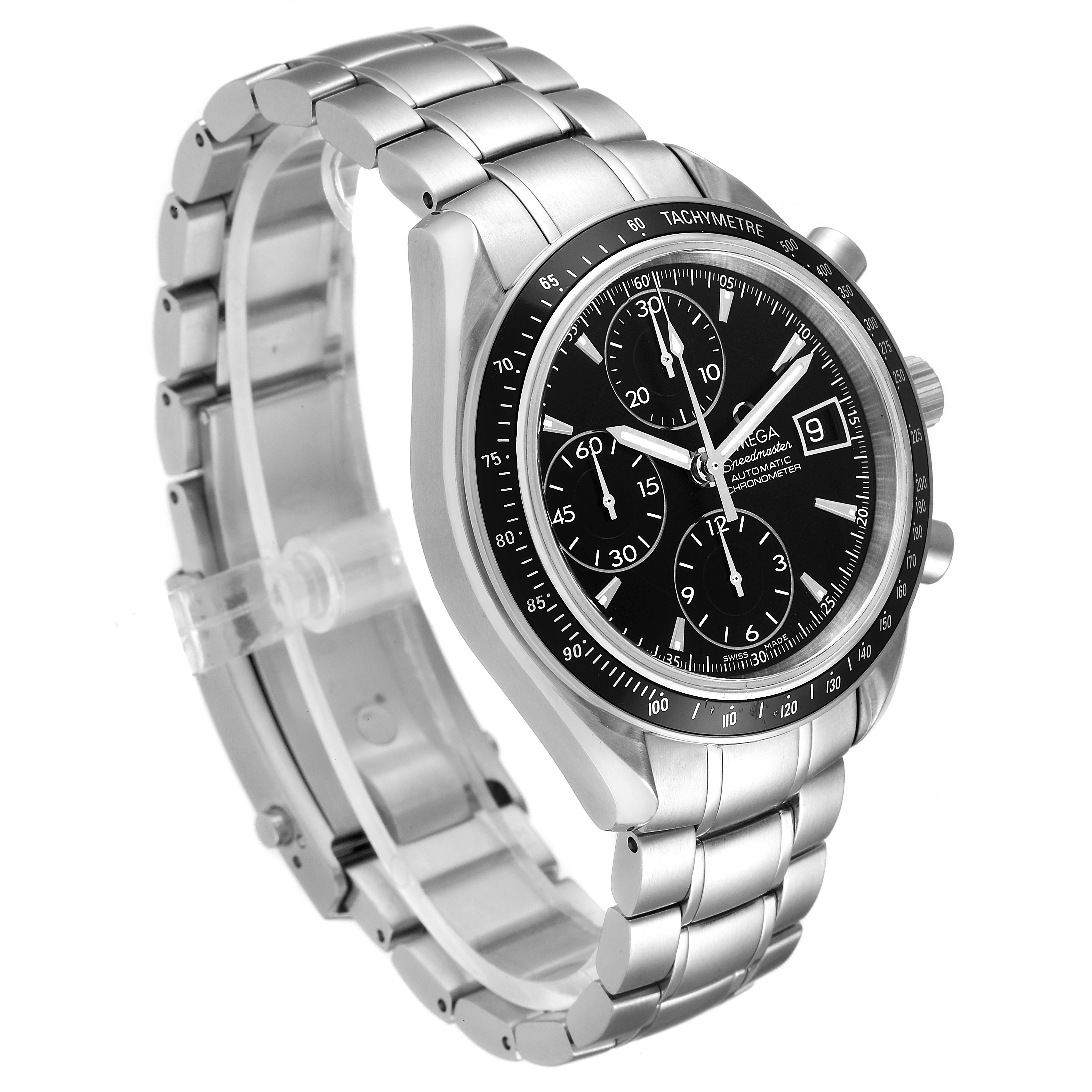 The Omega Speedmaster 3210.50.00 Men
s Stainless Steel Black Dial 3210.50.00 Men
s Stainless Steel Black Dial watch is shown at an angle displaying its stainless steel band, tachymeter bezel, and chronograph dials.