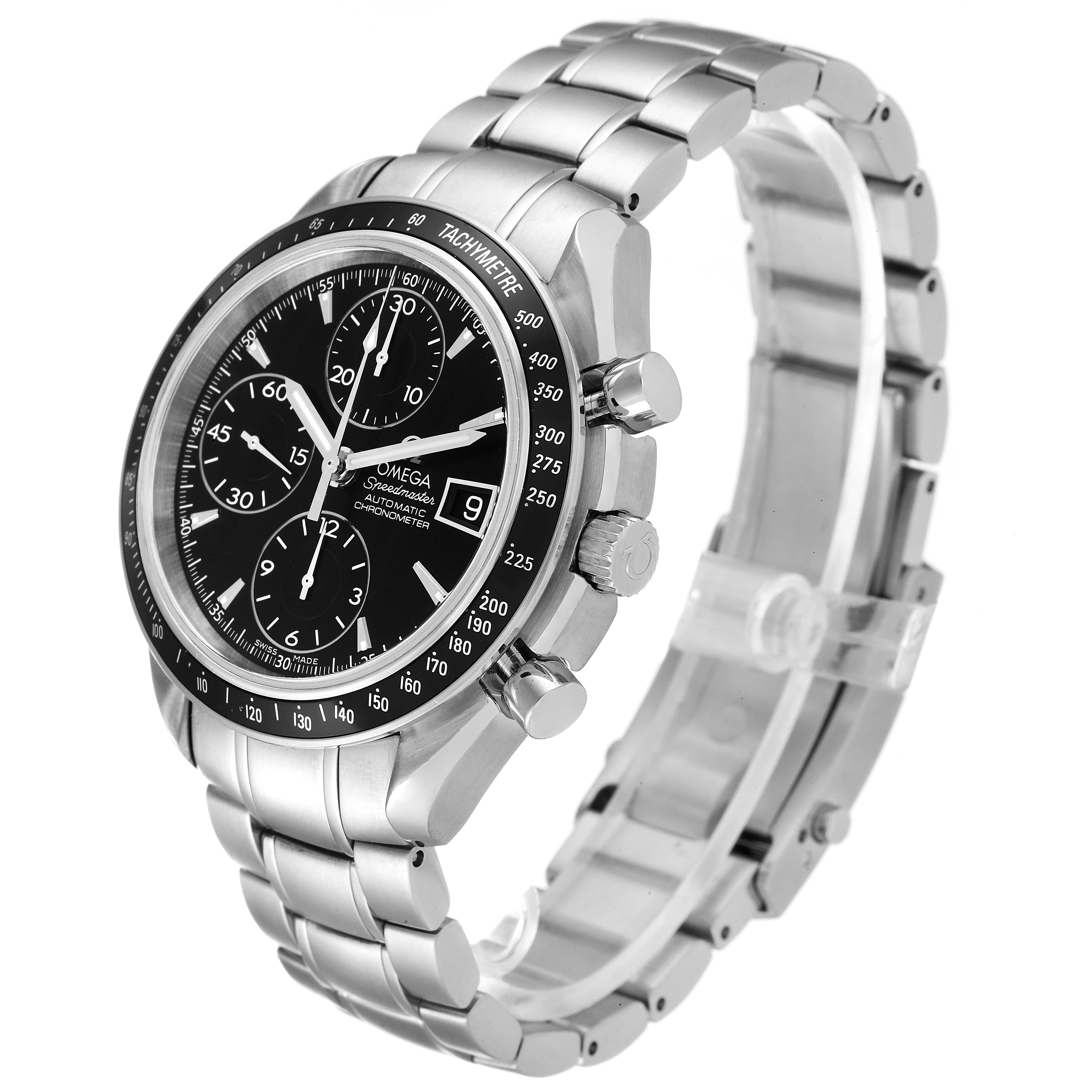 The Omega Speedmaster 3210.50.00 Men
s Stainless Steel Black Dial 3210.50.00 Men
s Stainless Steel Black Dial watch is shown at a slight angle, highlighting its face, side buttons, crown, and metal bracelet.