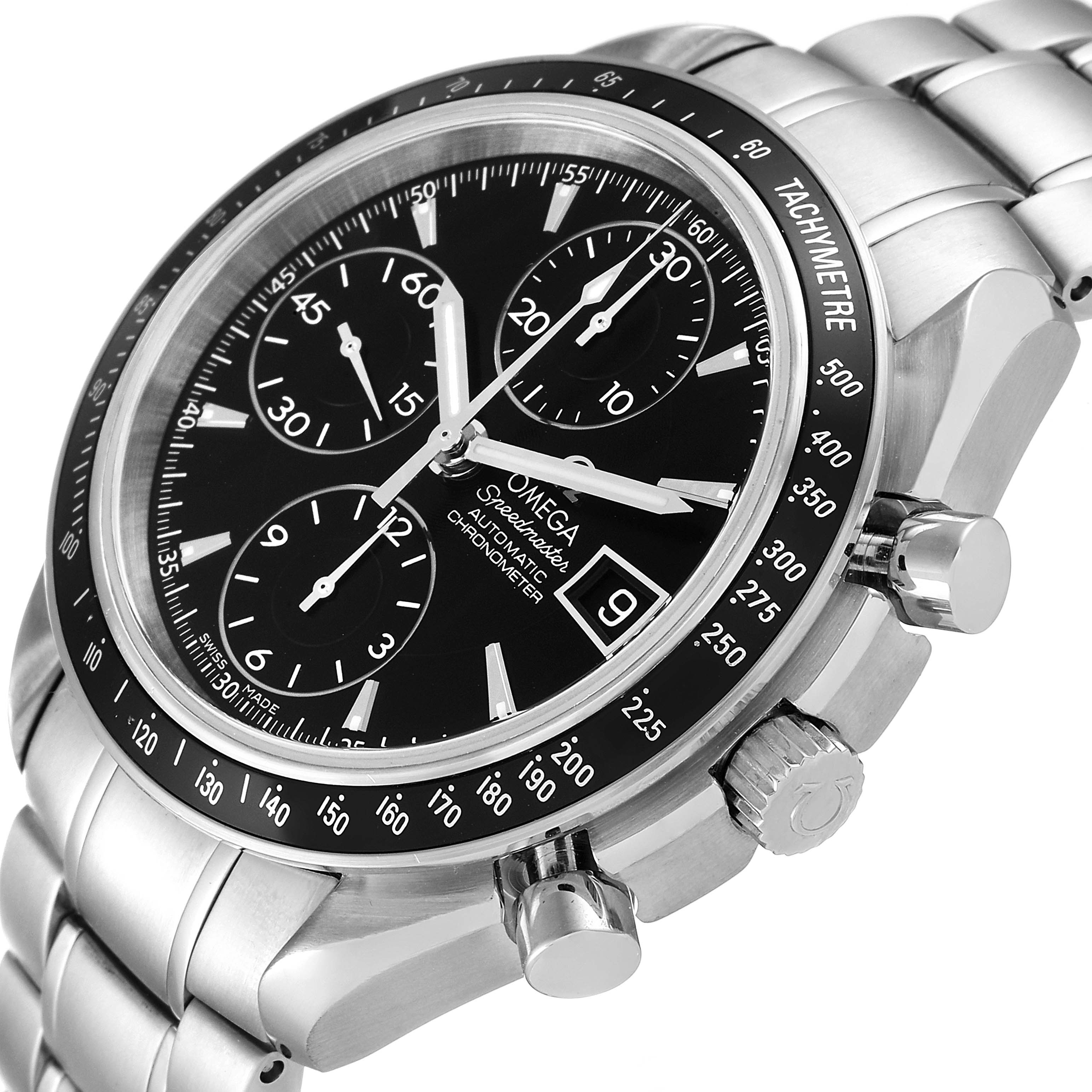 The Omega Speedmaster 3210.50.00 Men
s Stainless Steel Black Dial 3210.50.00 Men
s Stainless Steel Black Dial watch is displayed at an angle showing its face, bezel, crown, and part of the bracelet.