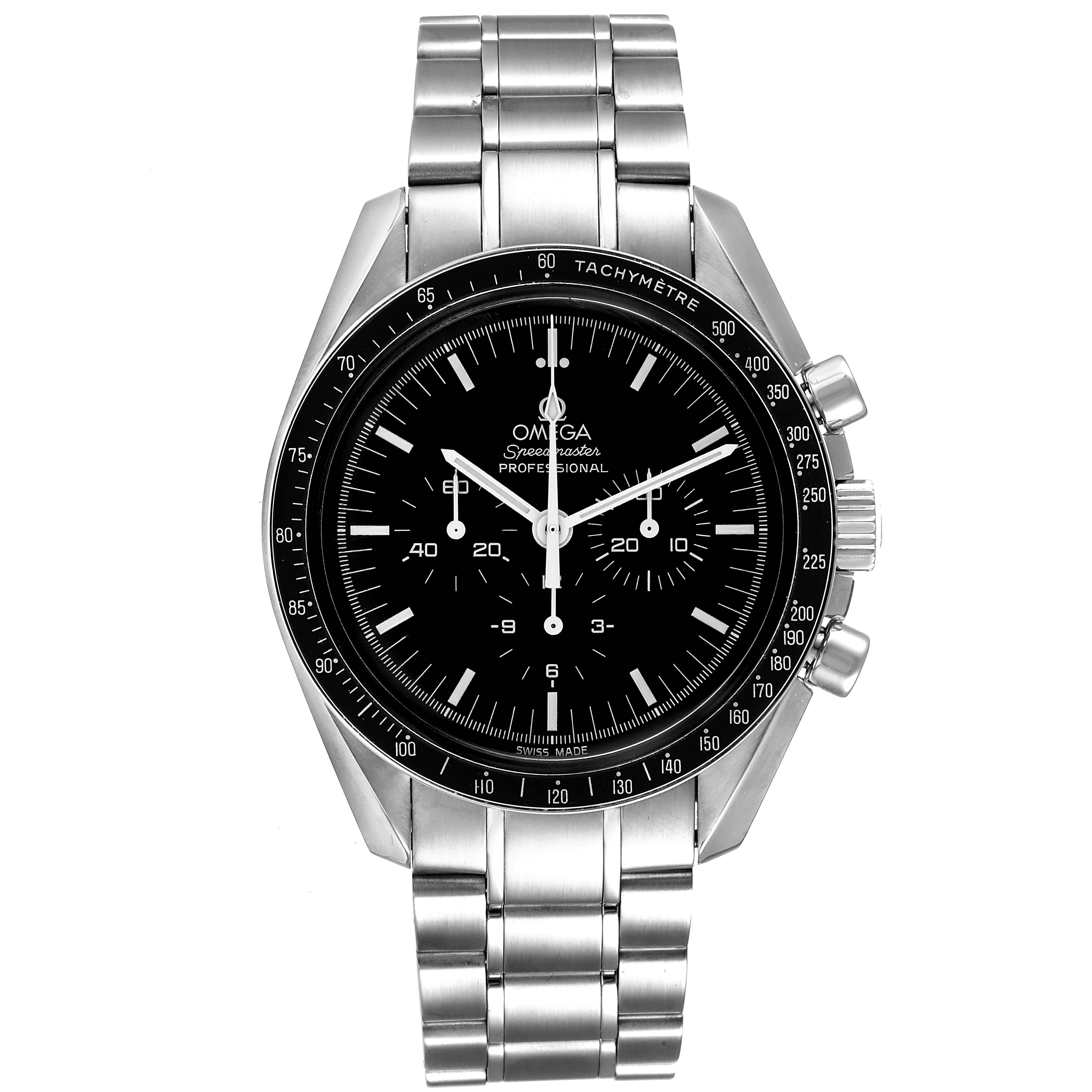 The image shows a front view of an Omega Speedmaster 3570.50.00 Men's Stainless Steel Black Dial 3570.50.00 Men's Stainless Steel Black Dial watch with a stainless steel bracelet and tachymeter bezel.