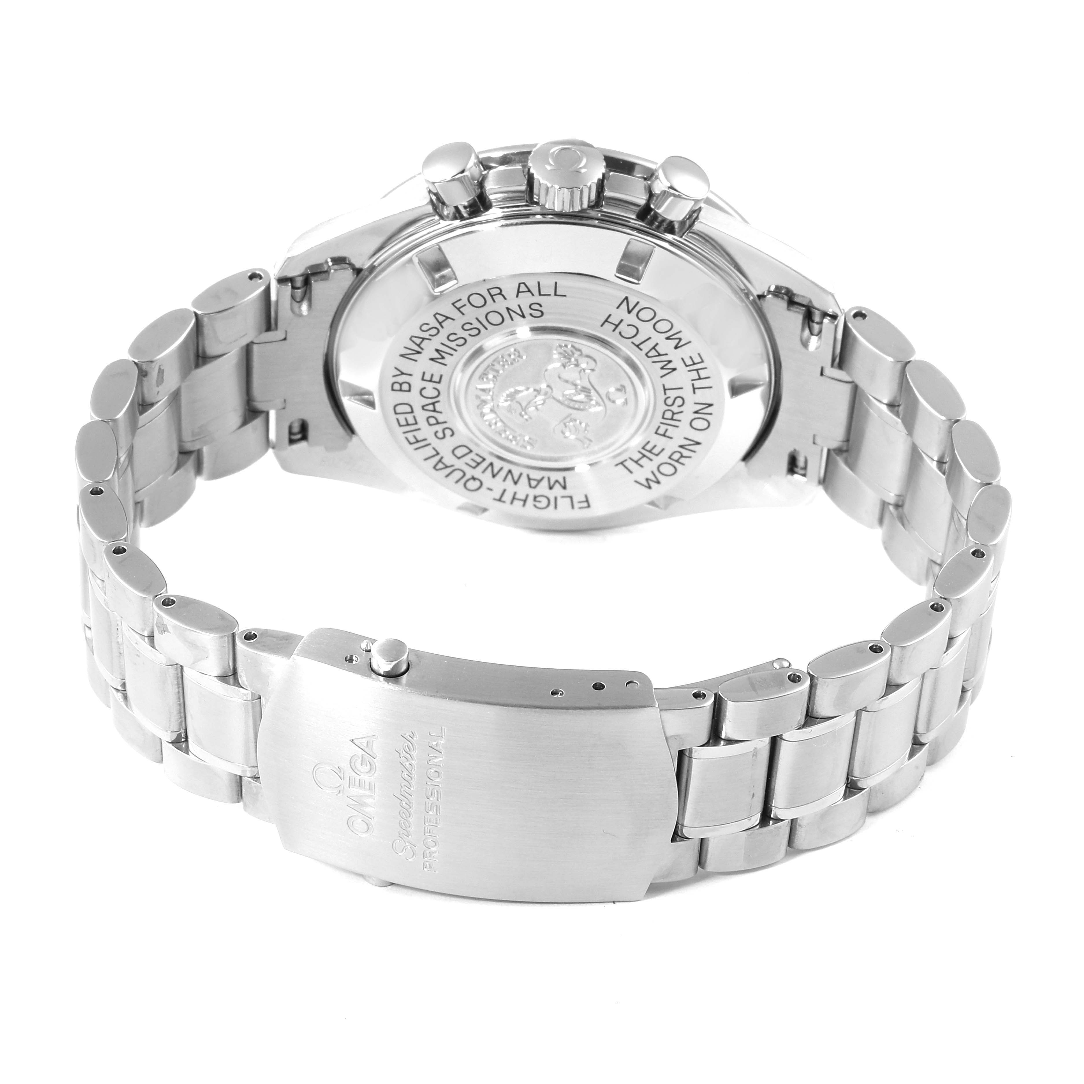 The image shows the back of an Omega Speedmaster 3570.50.00 Men's Stainless Steel Black Dial 3570.50.00 Men's Stainless Steel Black Dial watch, highlighting the case back and bracelet with clasp.