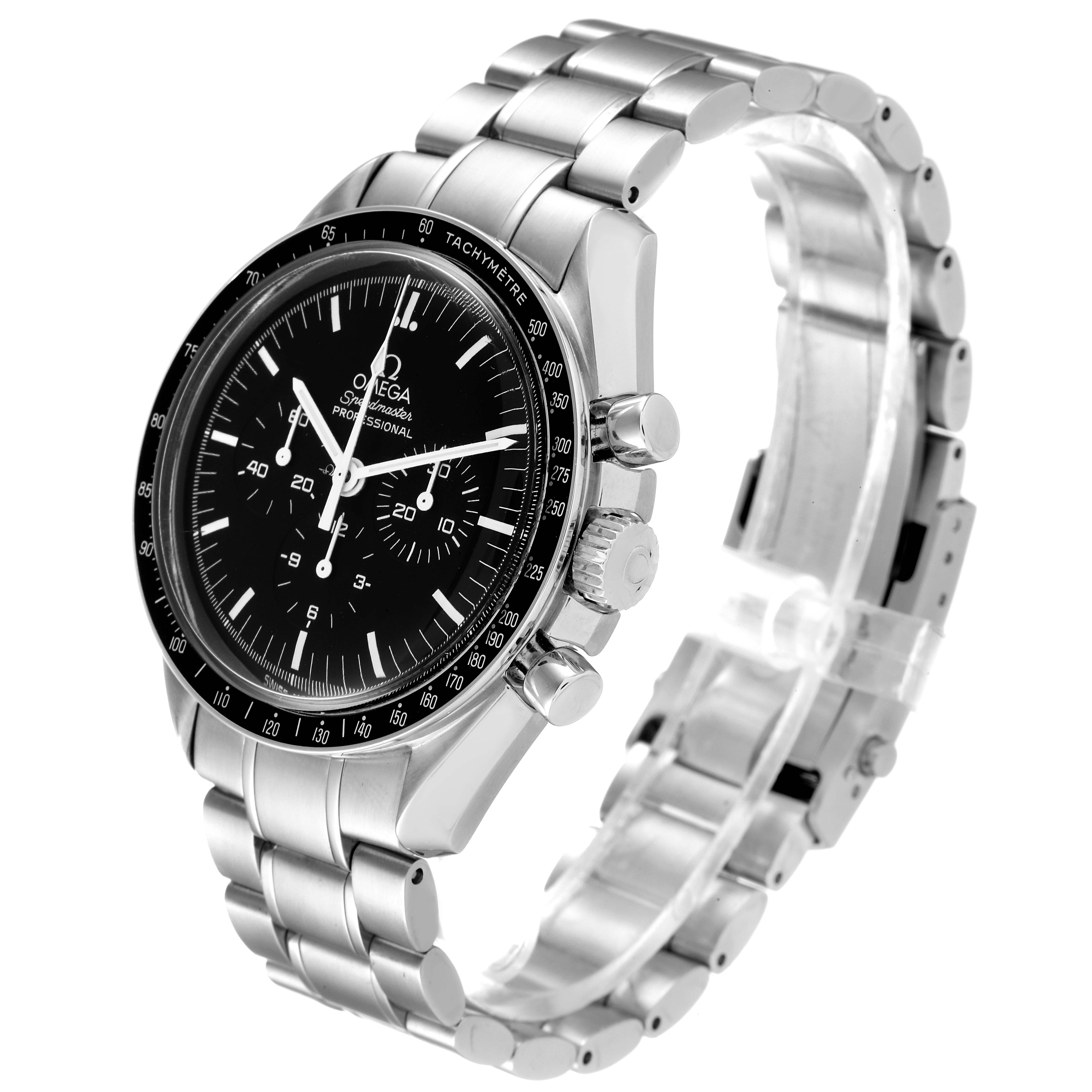This is a side-angle view of an Omega Speedmaster 3570.50.00 Men's Stainless Steel Black Dial 3570.50.00 Men's Stainless Steel Black Dial watch showing the face, bezel, crown, pushers, and bracelet.