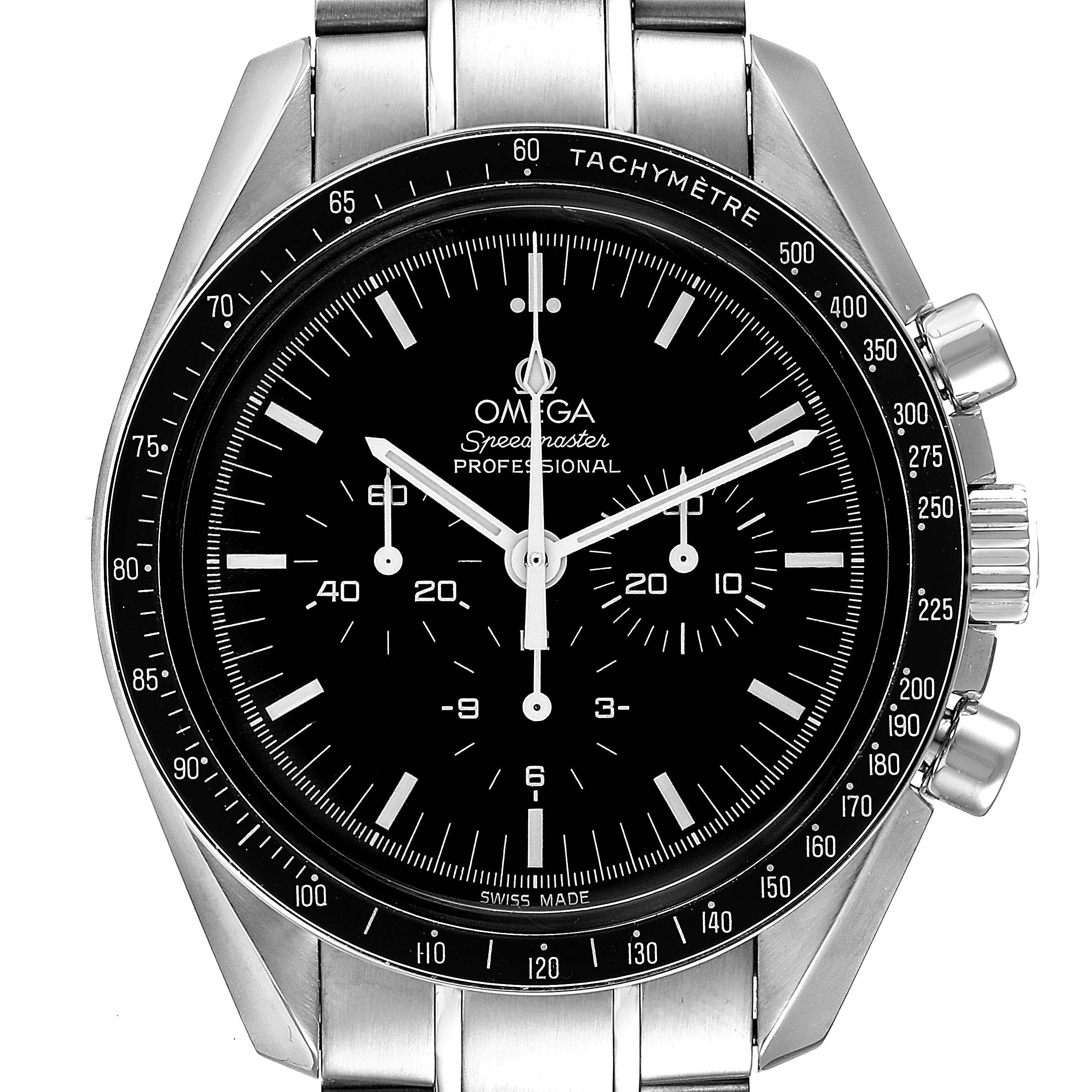 The image shows a front view of an Omega Speedmaster 3570.50.00 Men's Stainless Steel Black Dial 3570.50.00 Men's Stainless Steel Black Dial watch, highlighting the face, bezel, and stainless steel bracelet.