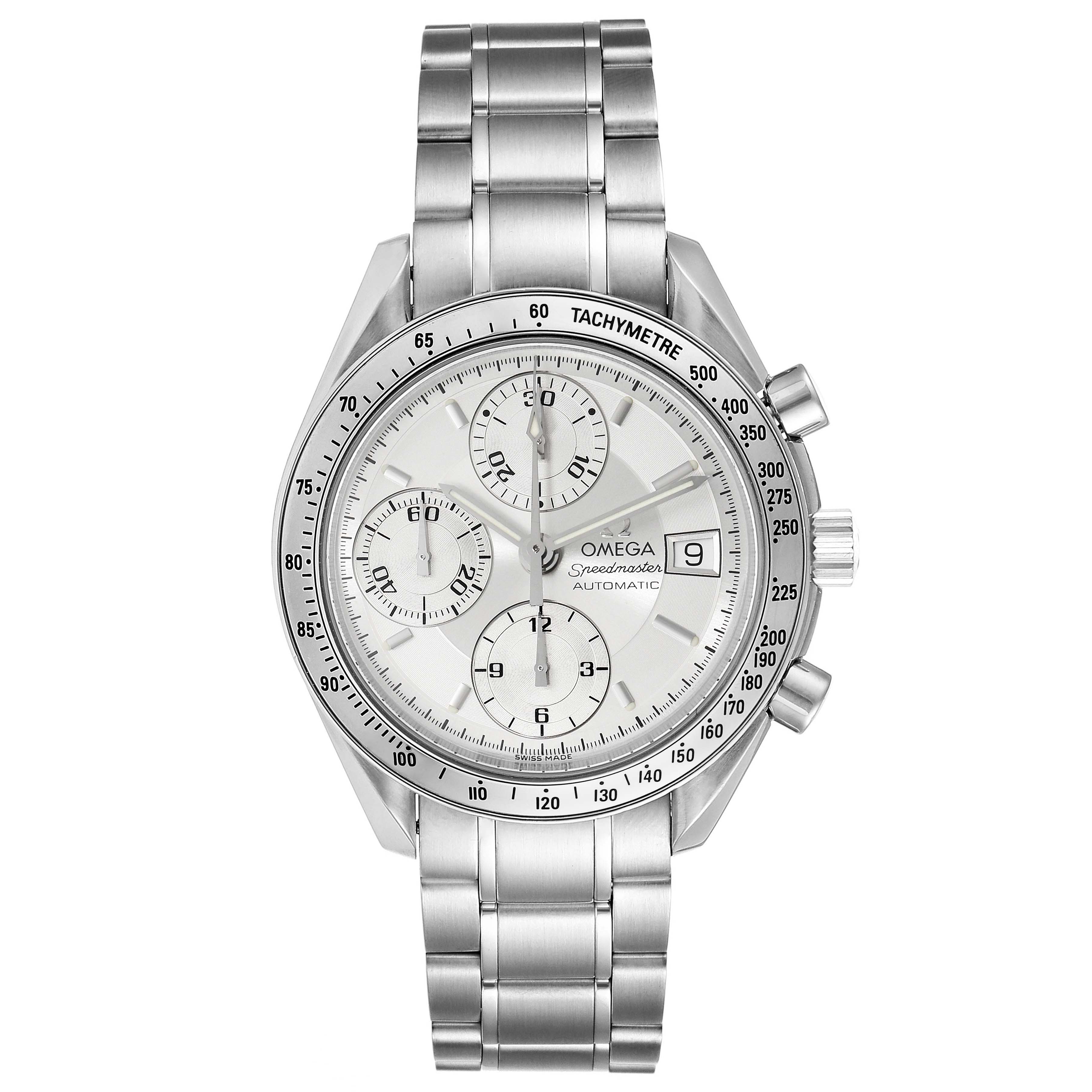 The image shows a front view of the Omega Speedmaster 3513.30.00 Men
s Stainless Steel Silver Dial 3513.30.00 Men
s Stainless Steel Silver Dial watch, highlighting its dial, bezel, and metal strap.