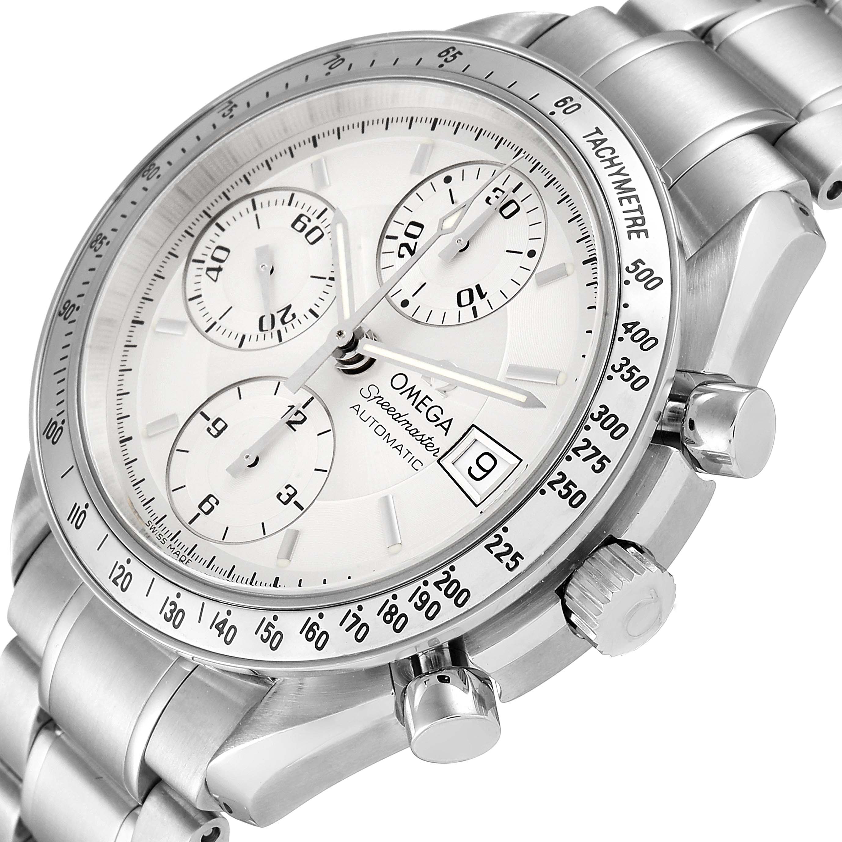 The image shows a close-up of the Omega Speedmaster 3513.30.00 Men
s Stainless Steel Silver Dial 3513.30.00 Men
s Stainless Steel Silver Dial watch, featuring the dial, date window, and chronograph pushers at an angle.