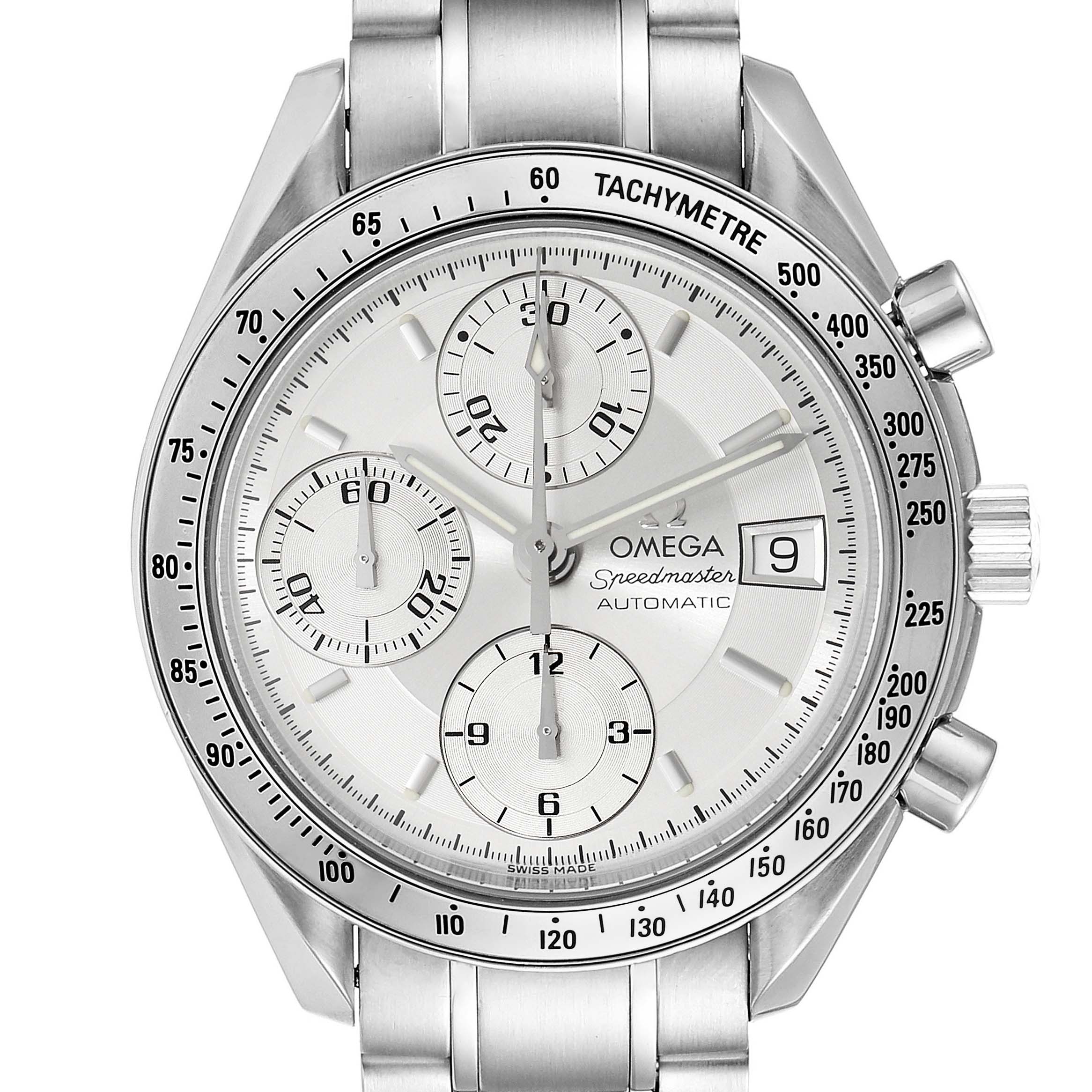 The image shows a front view of an Omega Speedmaster 3513.30.00 Men
s Stainless Steel Silver Dial 3513.30.00 Men
s Stainless Steel Silver Dial watch, displaying the dial, subdials, tachymeter, and knobs.