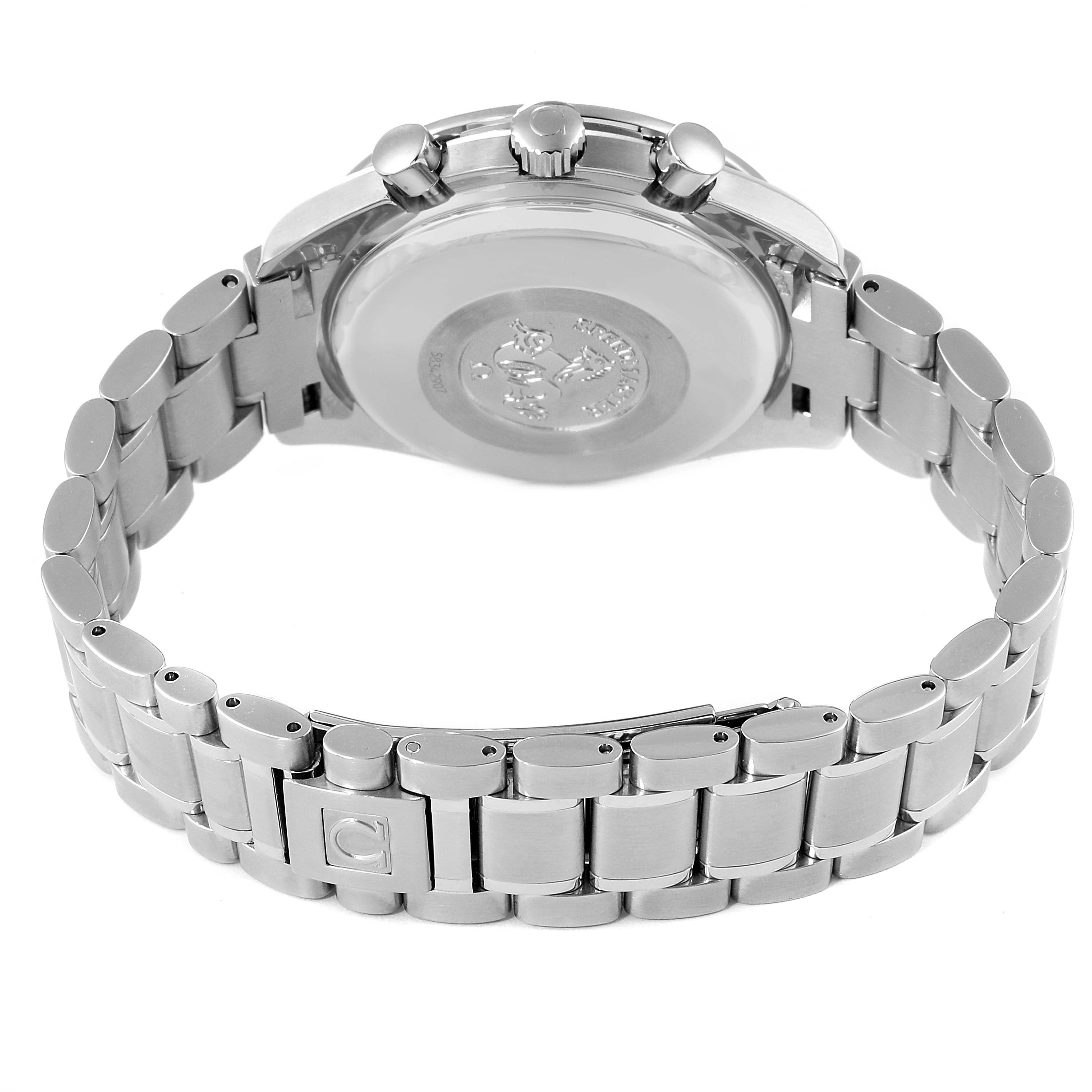The image shows the backside and bracelet of an Omega Speedmaster 3513.30.00 Men
s Stainless Steel Silver Dial 3513.30.00 Men
s Stainless Steel Silver Dial watch.