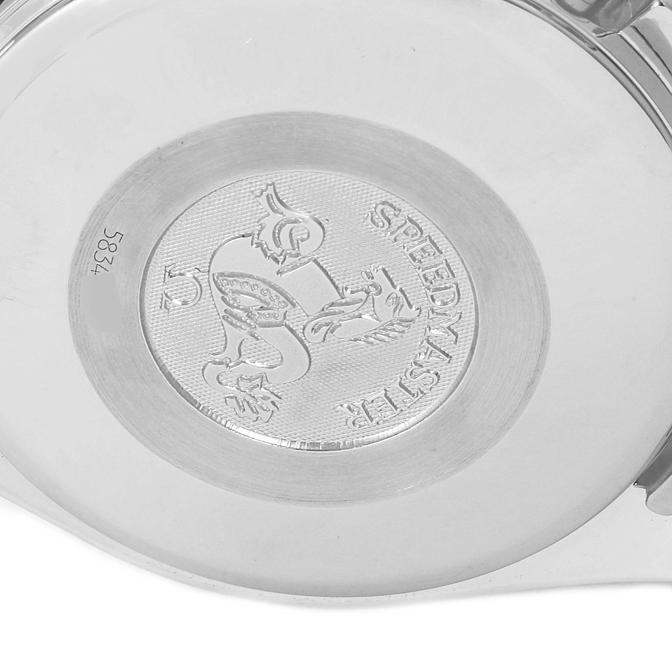 The image shows the case back of an Omega Speedmaster 3513.30.00 Men
s Stainless Steel Silver Dial 3513.30.00 Men
s Stainless Steel Silver Dial watch, featuring the engraved logo.