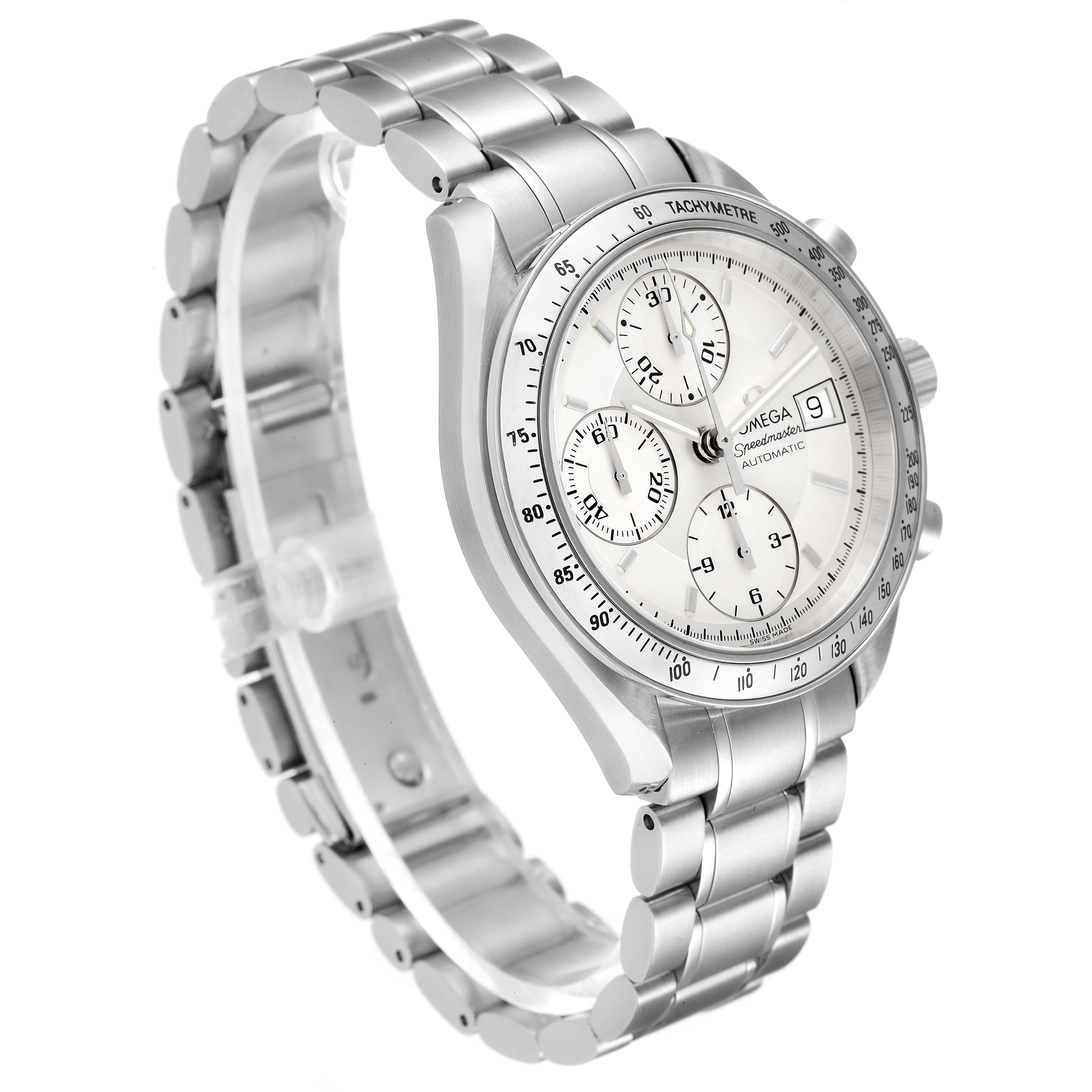 The Omega Speedmaster 3513.30.00 Men
s Stainless Steel Silver Dial 3513.30.00 Men
s Stainless Steel Silver Dial watch is shown at a three-quarter angle, displaying its stainless steel bracelet, tachymeter bezel, and subdials.