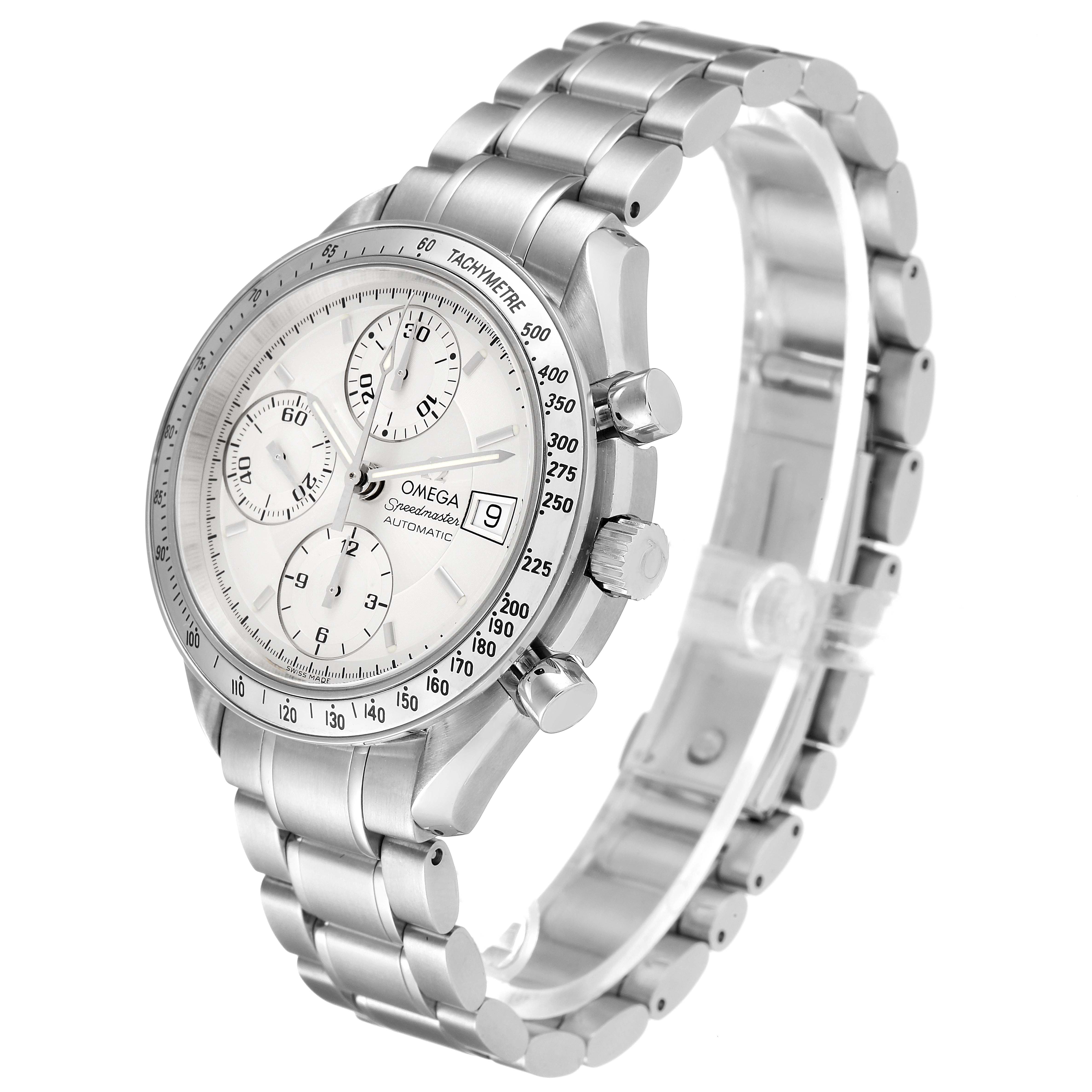 The Omega Speedmaster 3513.30.00 Men
s Stainless Steel Silver Dial 3513.30.00 Men
s Stainless Steel Silver Dial watch is shown at a 3/4 angle, highlighting the dial, side pushers, and the metal link bracelet.