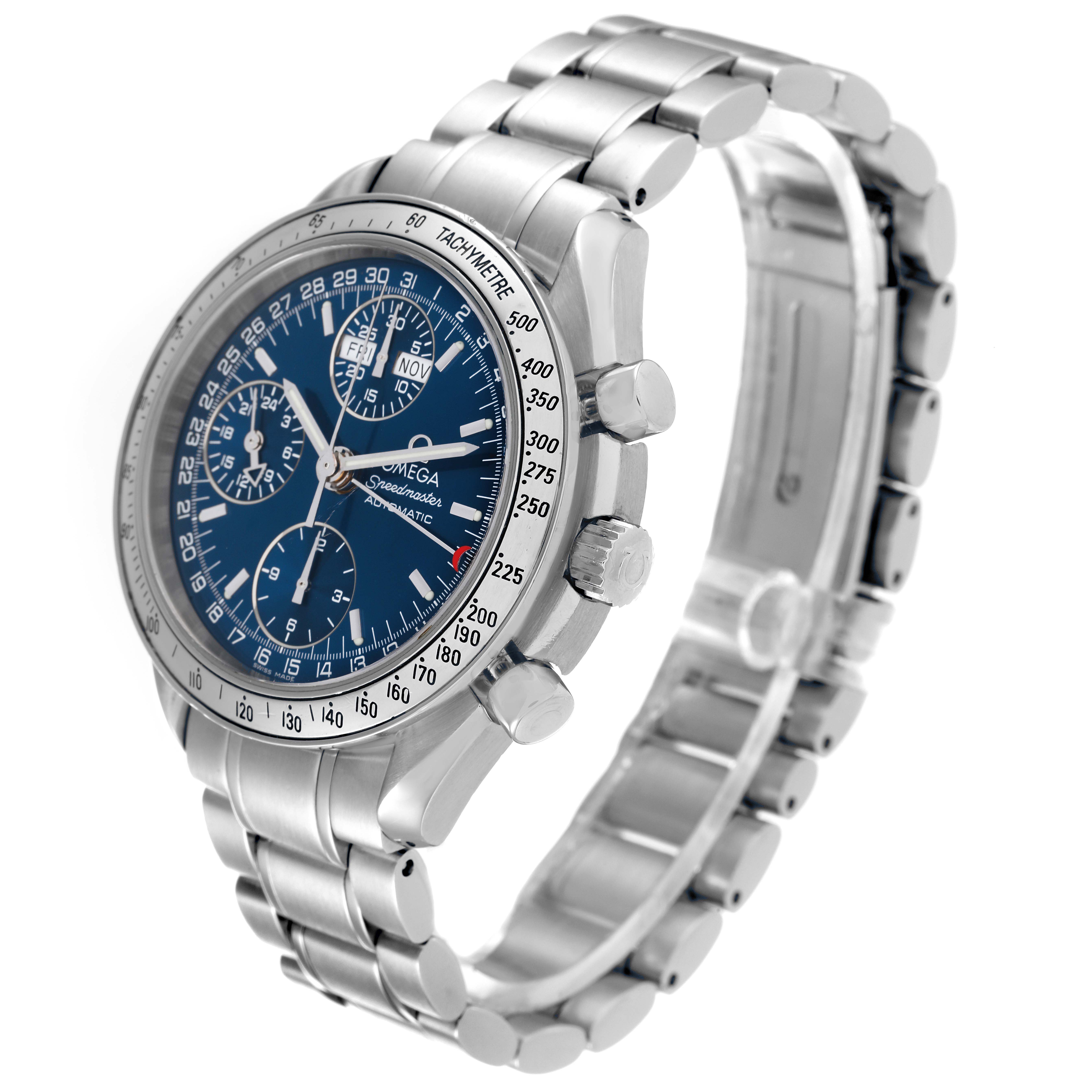 The image shows an Omega Speedmaster 3523.80.00 Men's Stainless Steel Blue Dial 3523.80.00 Men's Stainless Steel Blue Dial watch angled from the front-left side, displaying the face, bezel, crown, and bracelet.