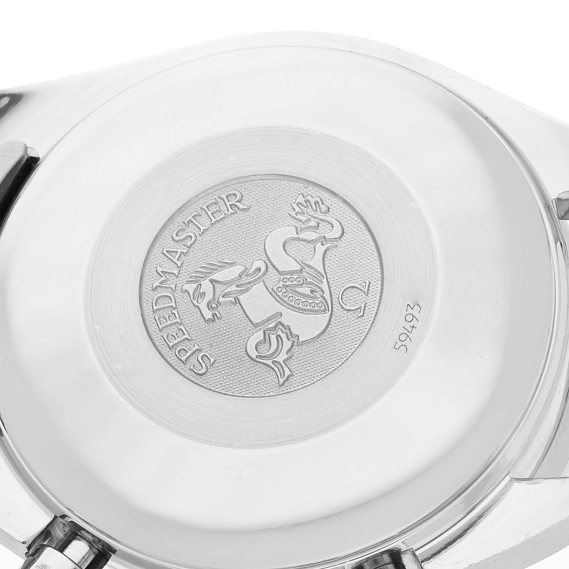 The image shows the case back of an Omega Speedmaster 3523.80.00 Men's Stainless Steel Blue Dial 3523.80.00 Men's Stainless Steel Blue Dial watch, featuring its embossed emblem and model inscription.