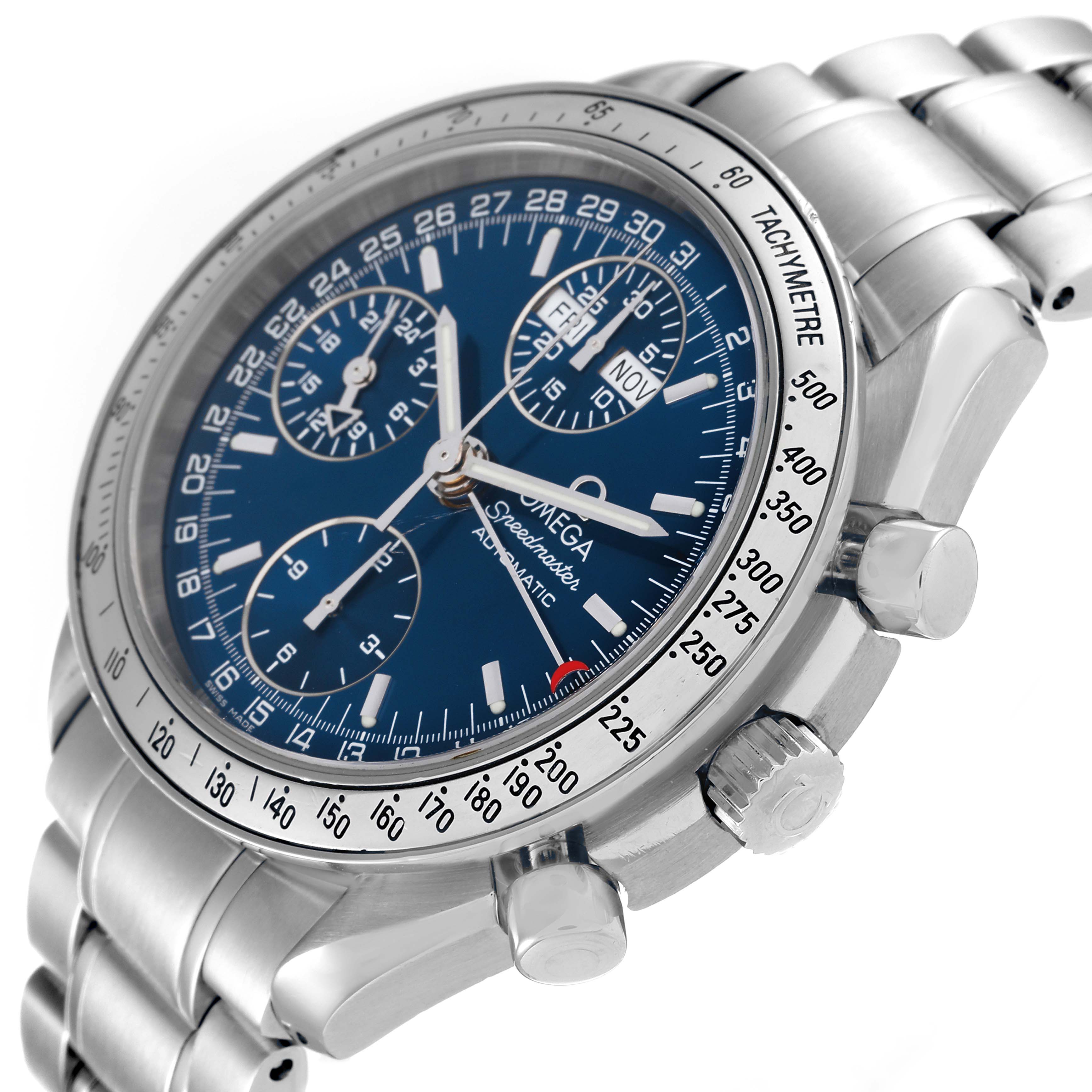 The Omega Speedmaster 3523.80.00 Men's Stainless Steel Blue Dial 3523.80.00 Men's Stainless Steel Blue Dial watch is shown at an angle highlighting its dial, chronograph sub-dials, bezel, and stainless steel bracelet.