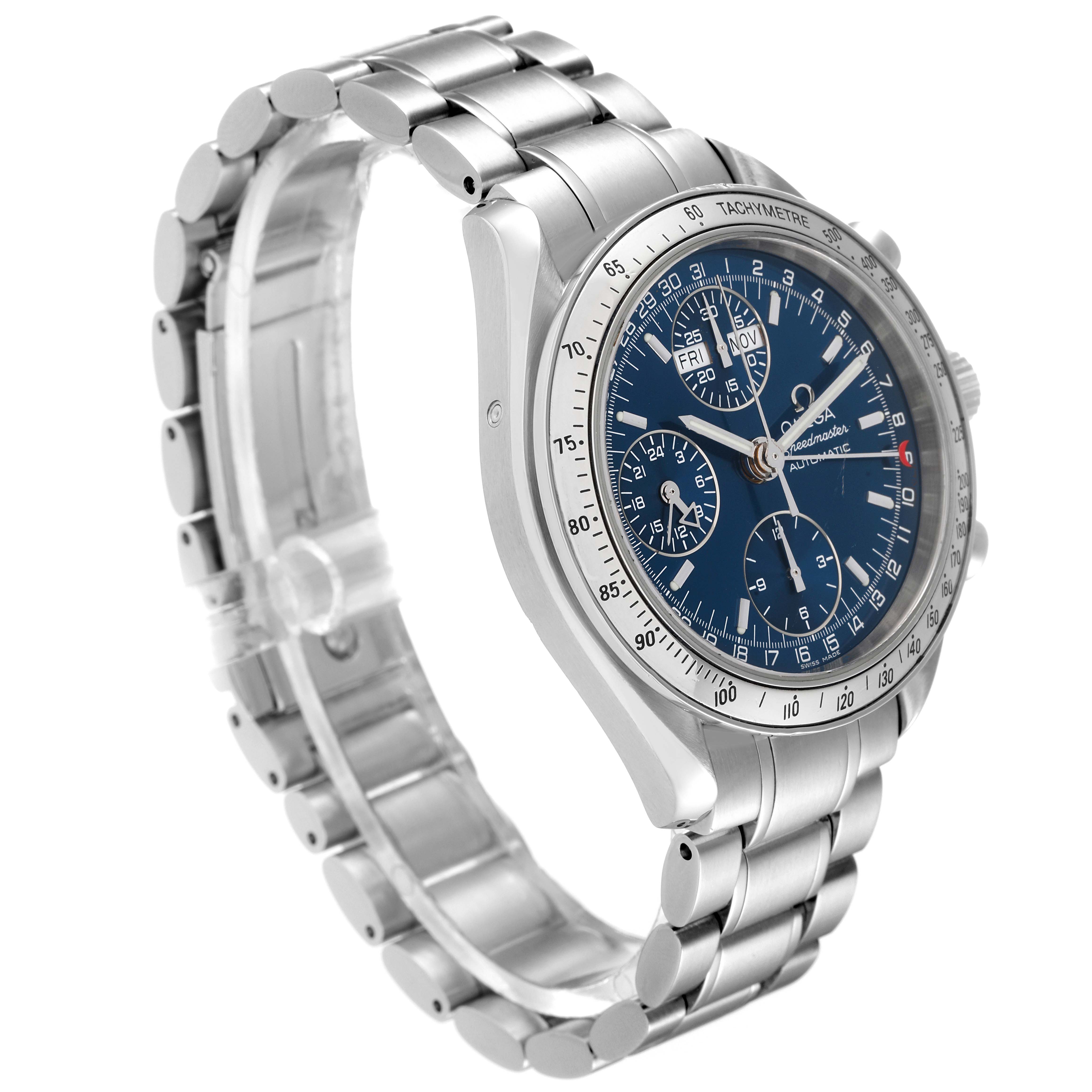 The image shows an Omega Speedmaster 3523.80.00 Men's Stainless Steel Blue Dial 3523.80.00 Men's Stainless Steel Blue Dial watch from an angled side view, displaying the dial, case, and partially the bracelet.