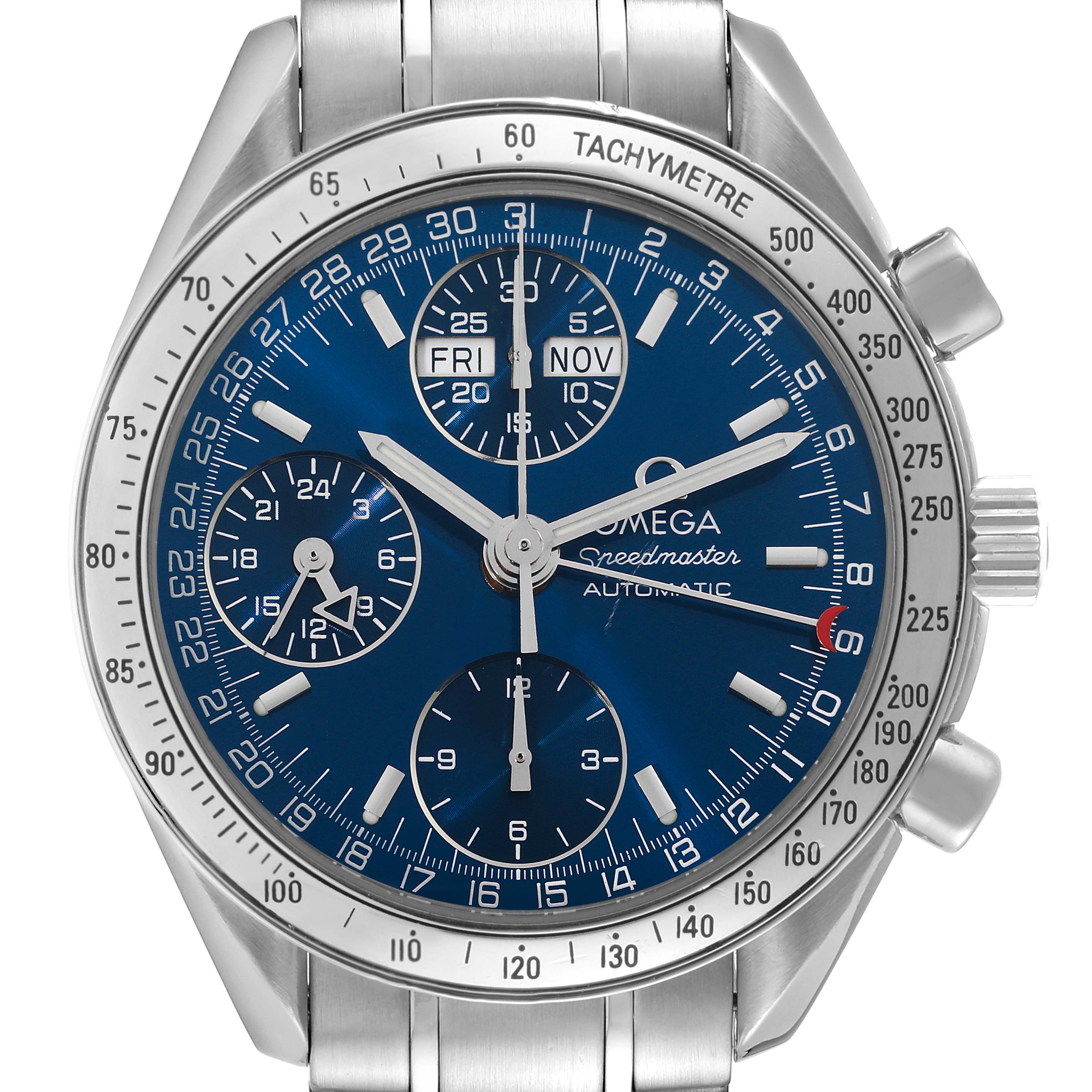 This is a frontal view of the Omega Speedmaster 3523.80.00 Men's Stainless Steel Blue Dial 3523.80.00 Men's Stainless Steel Blue Dial watch showcasing the dial, sub-dials, tachymeter, and part of the bracelet.