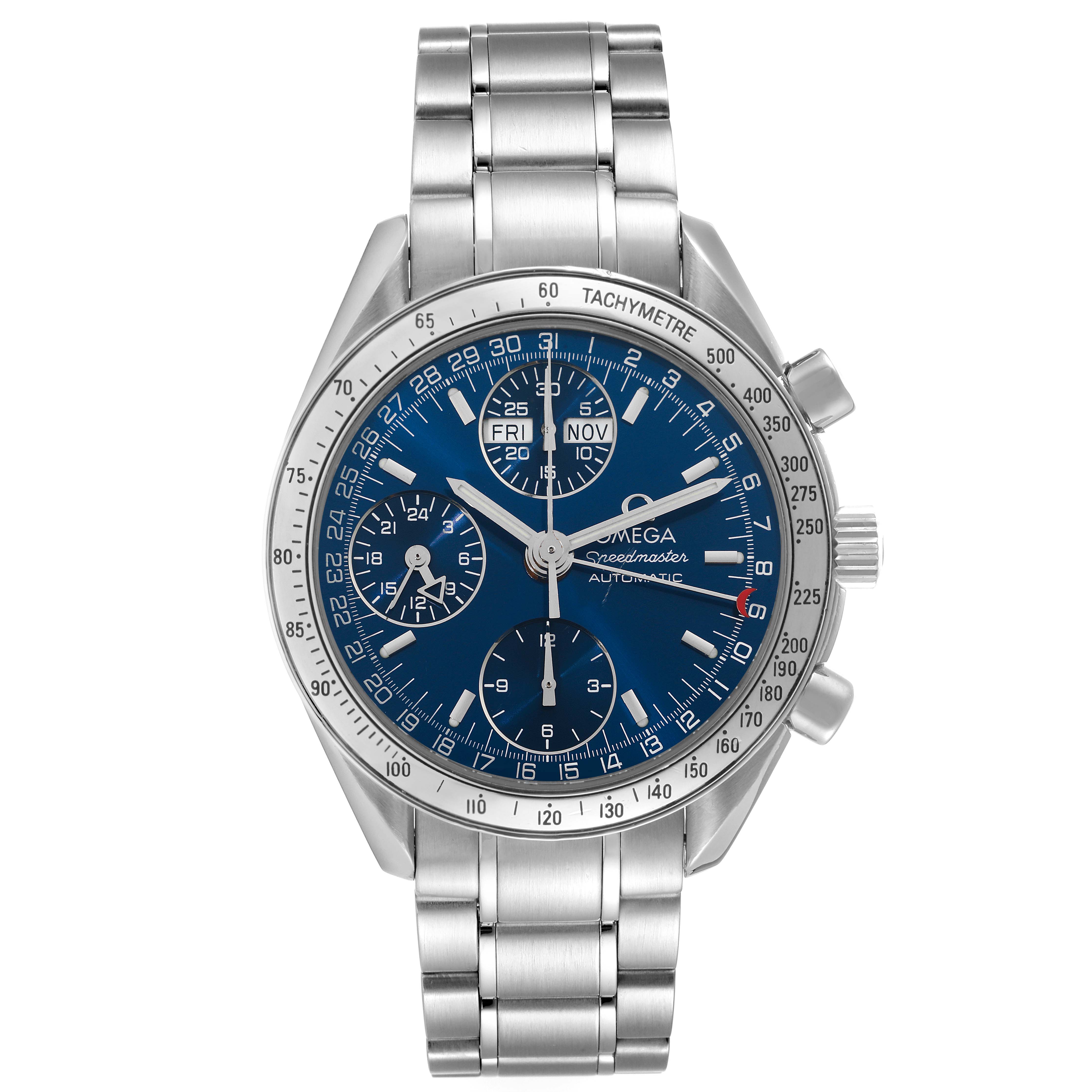 This image shows an Omega Speedmaster 3523.80.00 Men's Stainless Steel Blue Dial 3523.80.00 Men's Stainless Steel Blue Dial watch from the front, highlighting the blue dial, subdials, tachymeter, and metal bracelet.