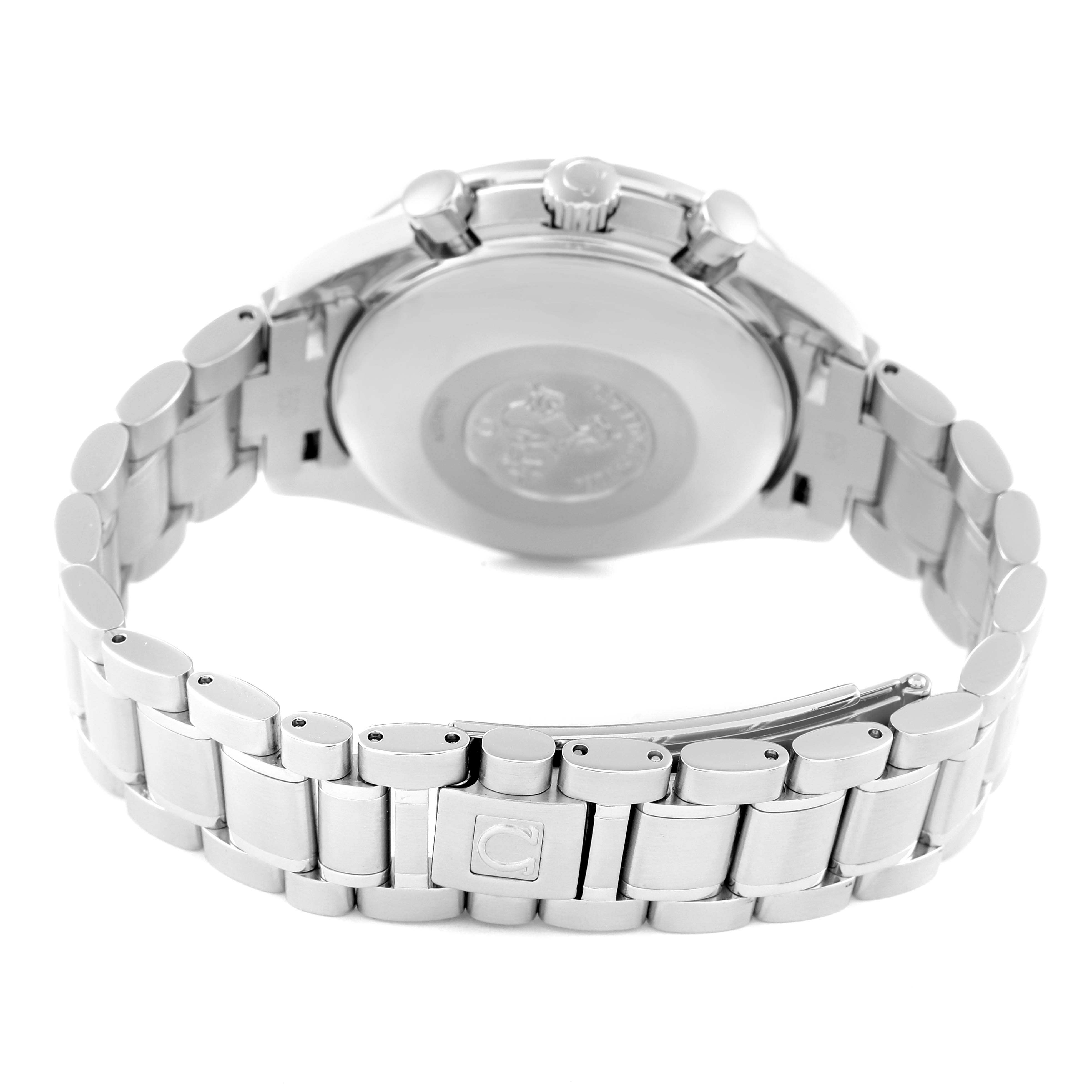 The image shows the back case and bracelet of an Omega Speedmaster 3523.80.00 Men's Stainless Steel Blue Dial 3523.80.00 Men's Stainless Steel Blue Dial watch from a rear angle.