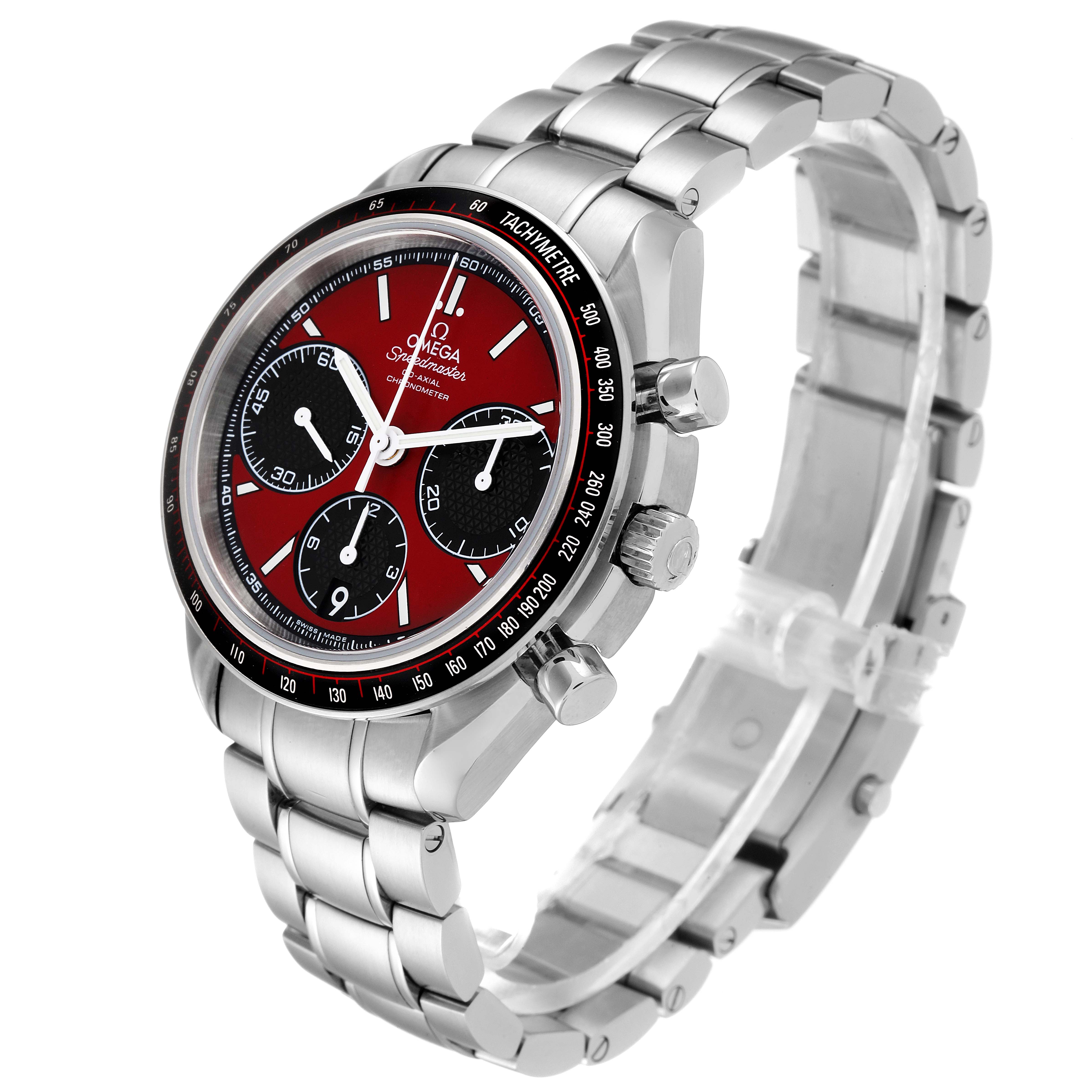 The image shows a side angle of the Omega Speedmaster 326.30.40.50.11.001 Men
s Stainless Steel Red Dial 326.30.40.50.11.001 Men
s Stainless Steel Red Dial watch, highlighting its red dial, tachymeter bezel, and stainless steel bracelet.