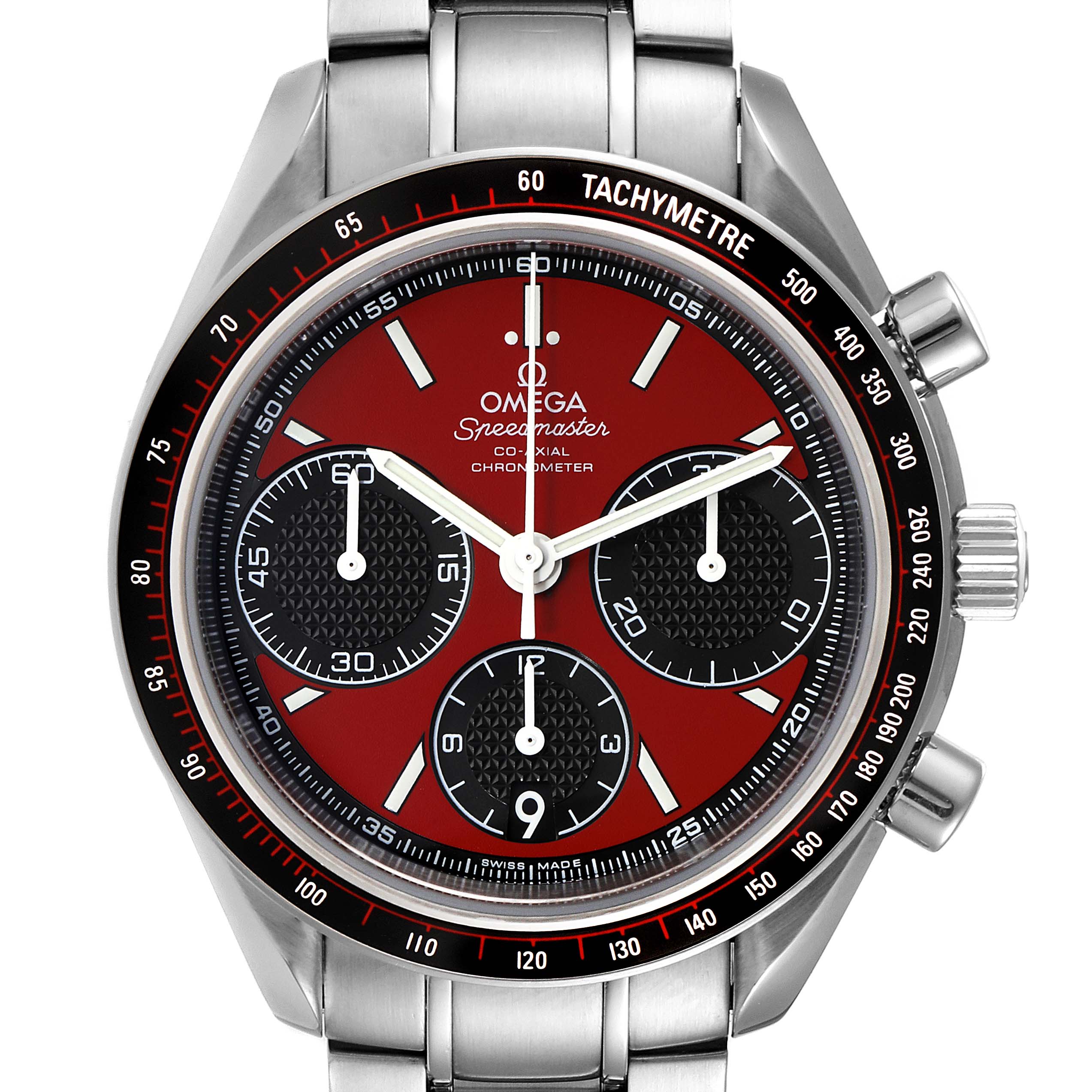 The Omega Speedmaster 326.30.40.50.11.001 Men
s Stainless Steel Red Dial 326.30.40.50.11.001 Men
s Stainless Steel Red Dial watch is shown from the front, displaying the dial, hands, sub-dials, tachymeter bezel, and stainless steel bracelet.