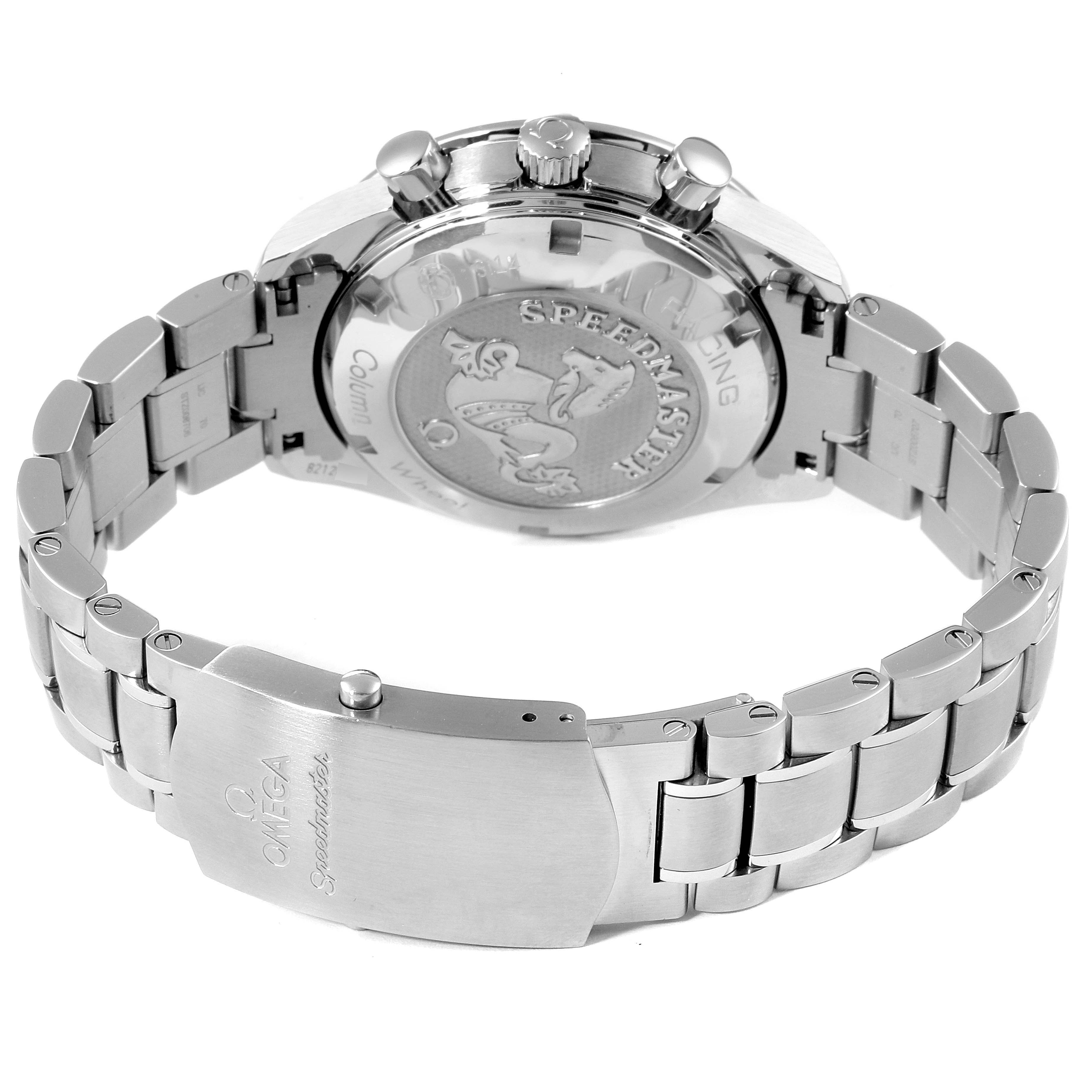 The image shows the back case and bracelet of an Omega Speedmaster 326.30.40.50.11.001 Men
s Stainless Steel Red Dial 326.30.40.50.11.001 Men
s Stainless Steel Red Dial watch at a rear angle.