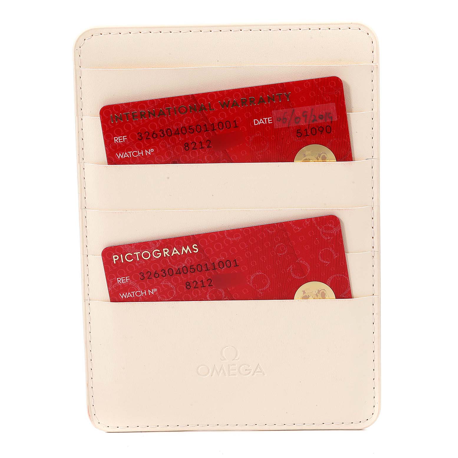The image shows the warranty cards for the Omega Speedmaster 326.30.40.50.11.001 Men
s Stainless Steel Red Dial 326.30.40.50.11.001 Men
s Stainless Steel Red Dial watch, stored in a beige cardholder.
