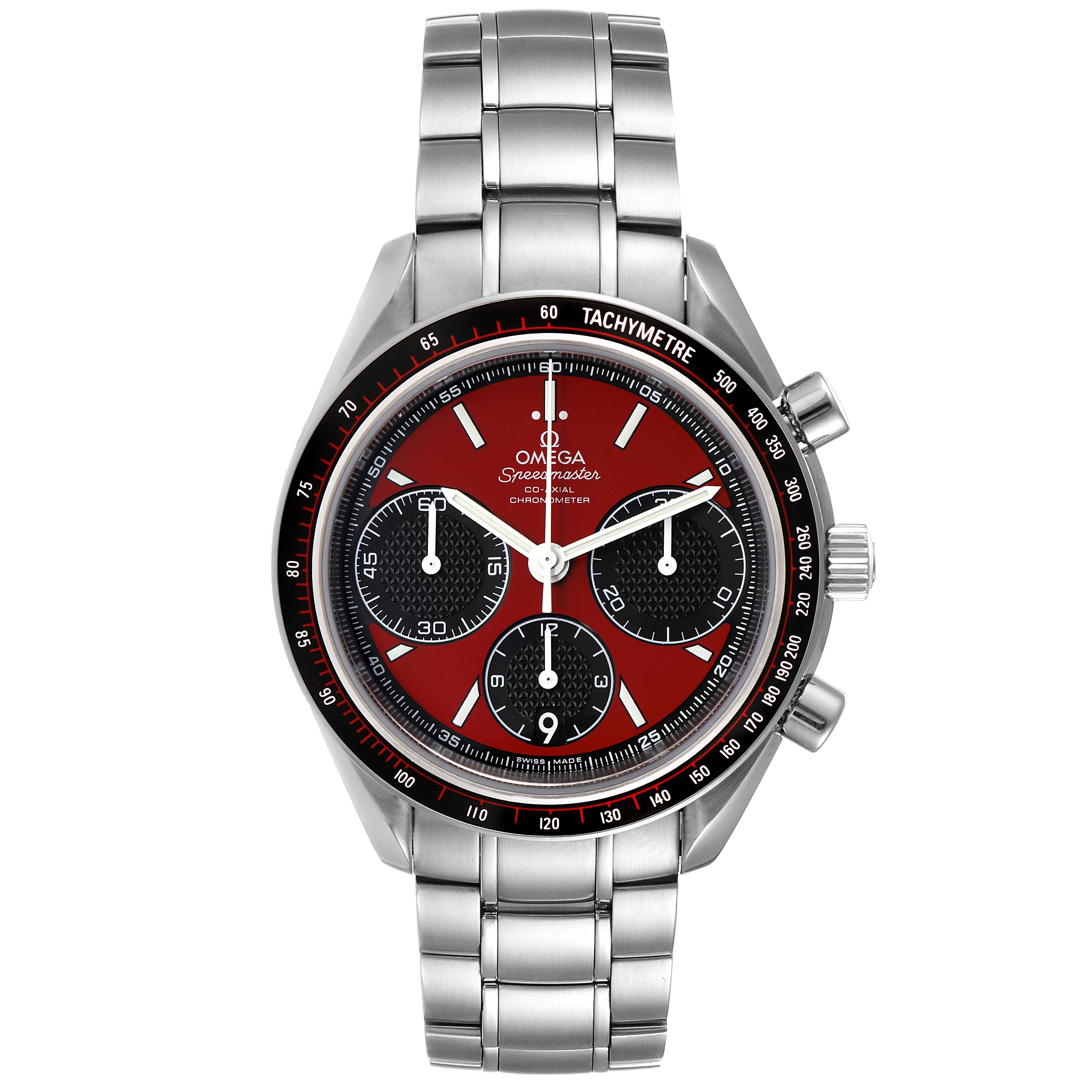 The image shows a front view of the Omega Speedmaster 326.30.40.50.11.001 Men
s Stainless Steel Red Dial 326.30.40.50.11.001 Men
s Stainless Steel Red Dial watch, featuring its dial, bezel, sub-dials, and stainless steel bracelet.